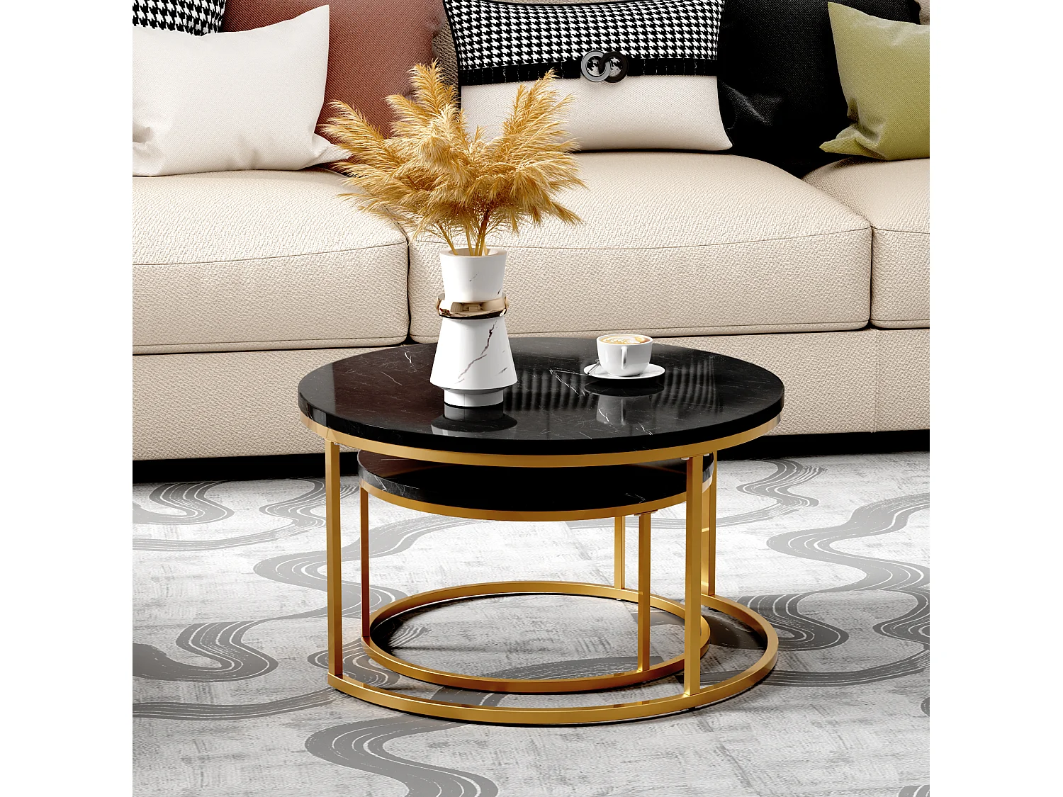 Table Basse Gigogne 2 Pièces Empilable Avec Cadre en Métal et Plateau MDF Facile à Nettoyer - Noir Or - 80x45 / 60x33.5 cm