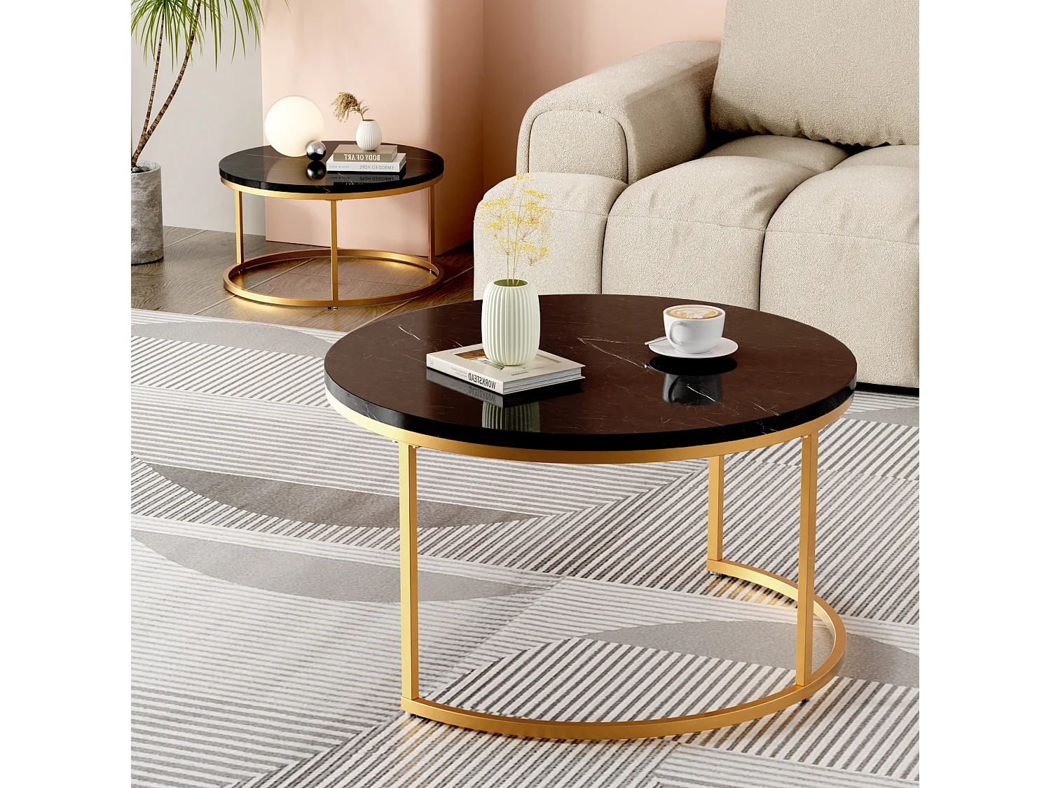 Table Basse Gigogne 2 Pièces Empilable Avec Cadre en Métal et Plateau MDF Facile à Nettoyer - Noir Or - 80x45 / 60x33.5 cm