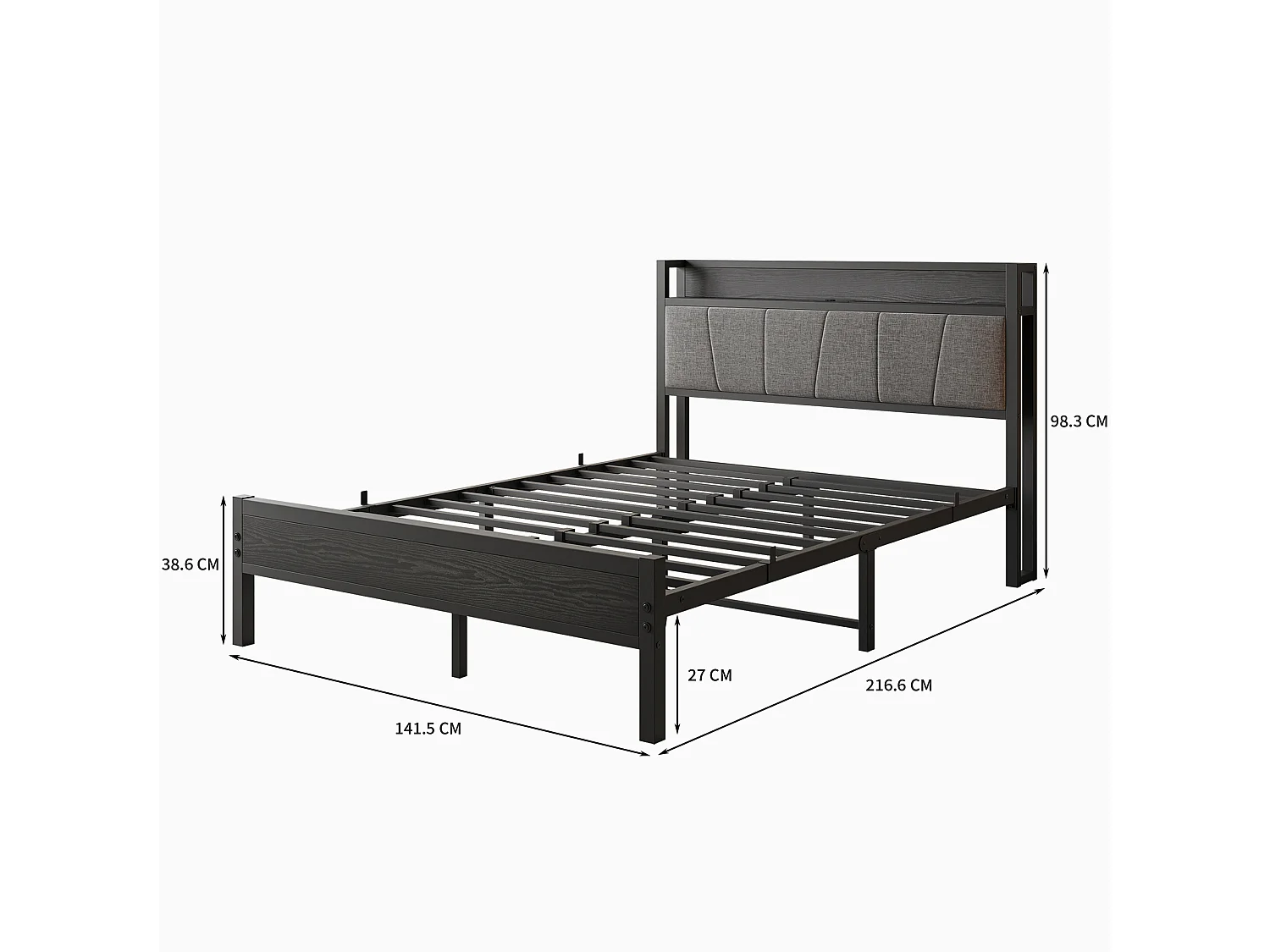 Lit Double En Métal Noir 140x200 Cm Avec Tête De Lit Rembourrée Et Double Port USB - Cadre Stable Moderne Sans Matelas