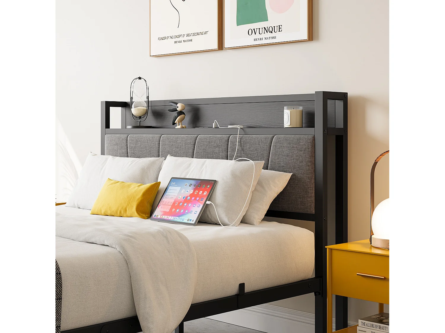 Lit Double En Métal Noir 140x200 Cm Avec Tête De Lit Rembourrée Et Double Port USB - Cadre Stable Moderne Sans Matelas