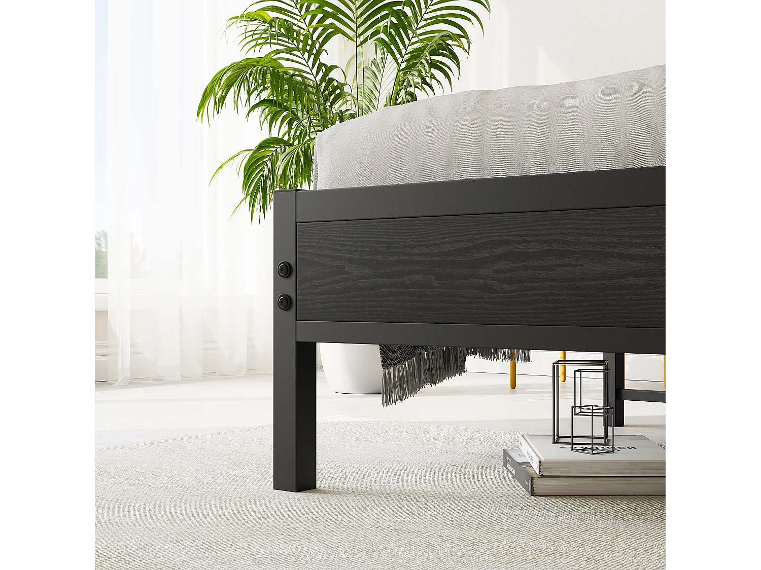 Lit Double En Métal Noir 140x200 Cm Avec Tête De Lit Rembourrée Et Double Port USB - Cadre Stable Moderne Sans Matelas