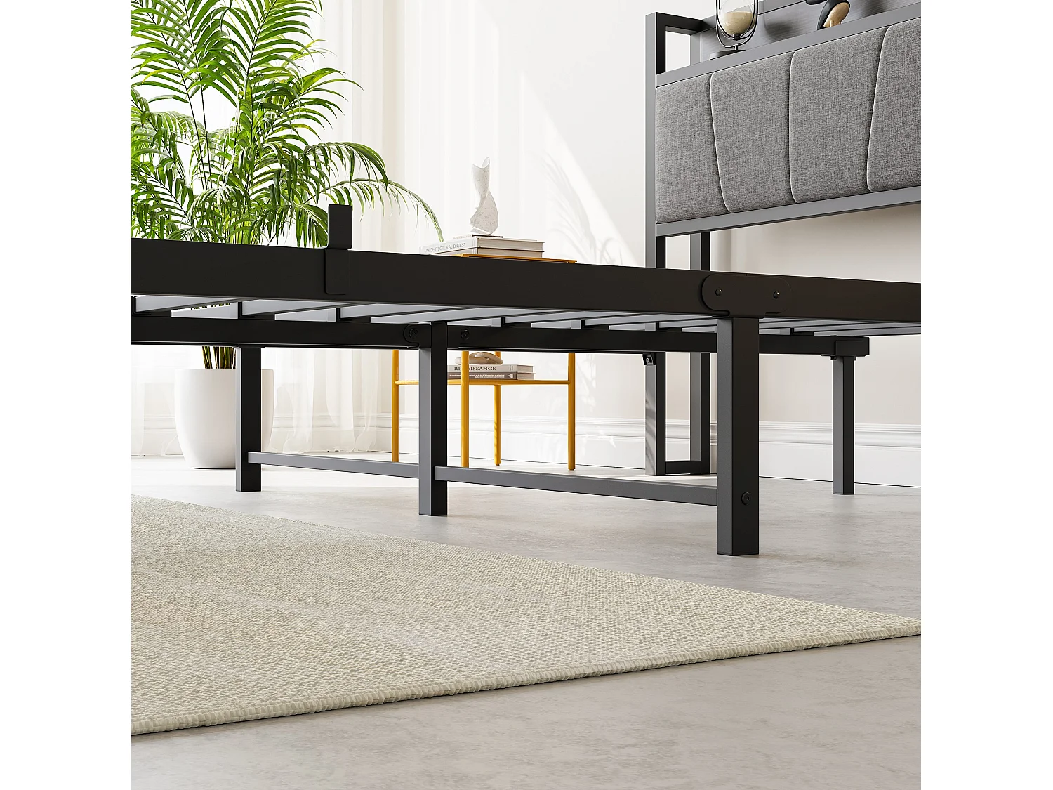 Lit Double En Métal Noir 140x200 Cm Avec Tête De Lit Rembourrée Et Double Port USB - Cadre Stable Moderne Sans Matelas