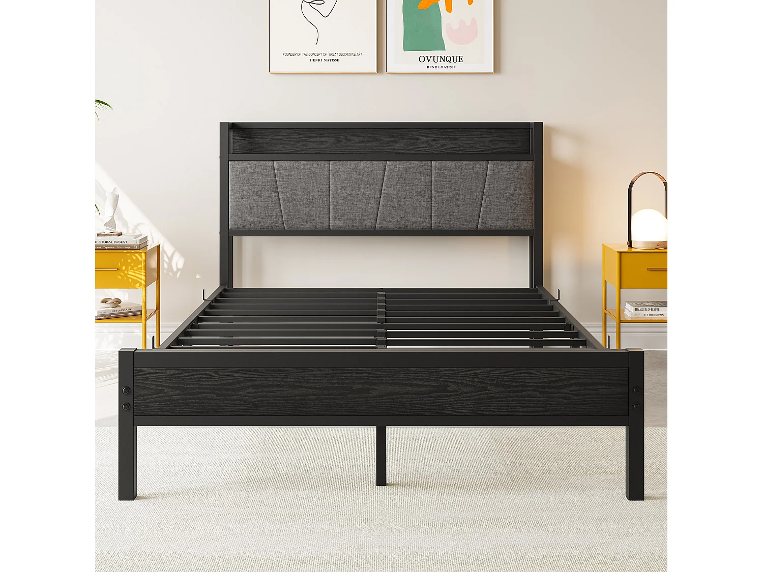 Lit Double En Métal Noir 140x200 Cm Avec Tête De Lit Rembourrée Et Double Port USB - Cadre Stable Moderne Sans Matelas