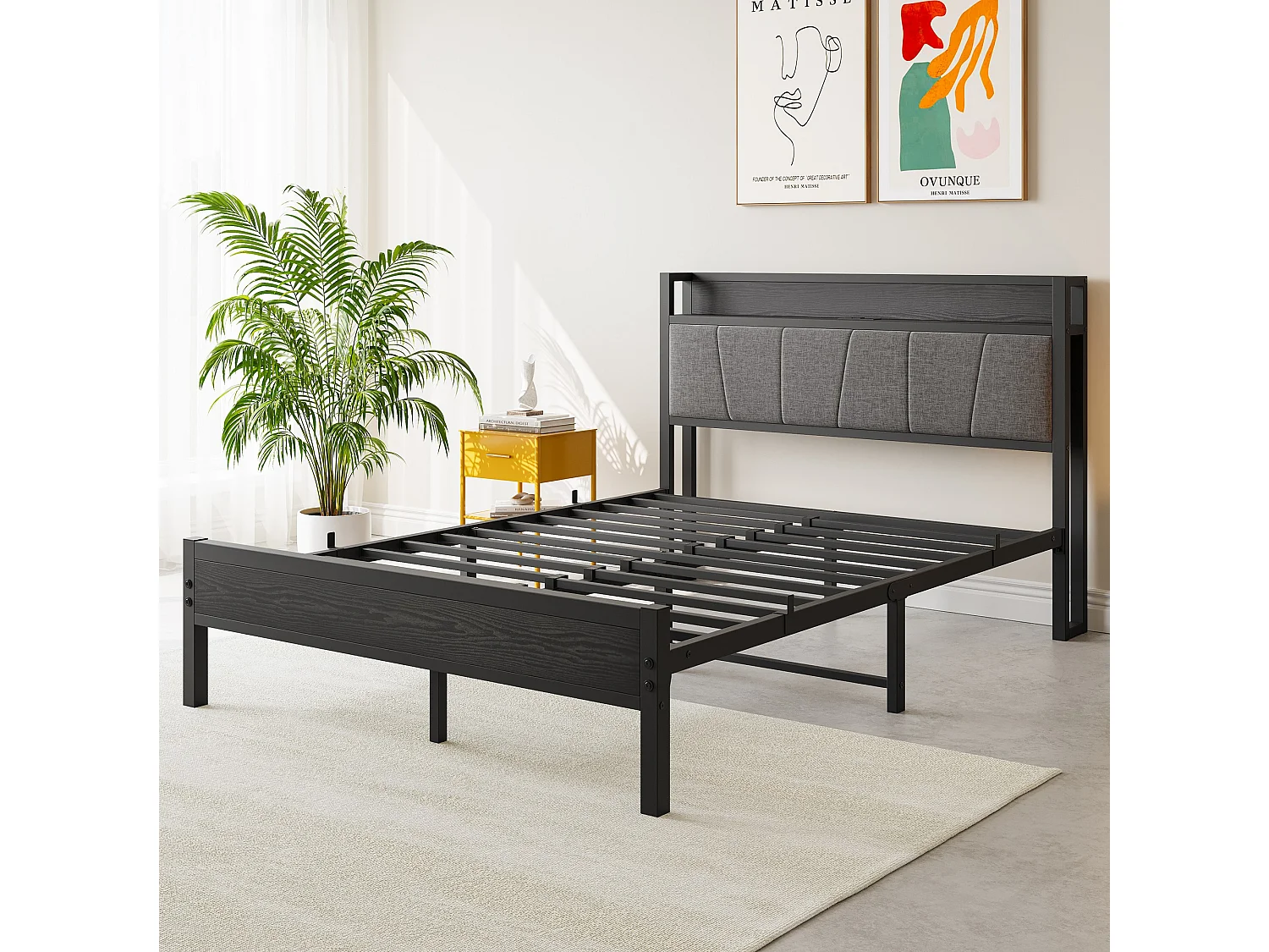 Lit Double En Métal Noir 140x200 Cm Avec Tête De Lit Rembourrée Et Double Port USB - Cadre Stable Moderne Sans Matelas