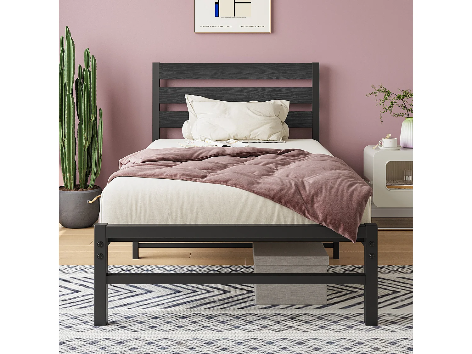 Lit Simple En Métal Noir 90x200 Cm - Lit Ado Moderne Structure Robuste Gain De Place Pour Chambre Sans Matelas