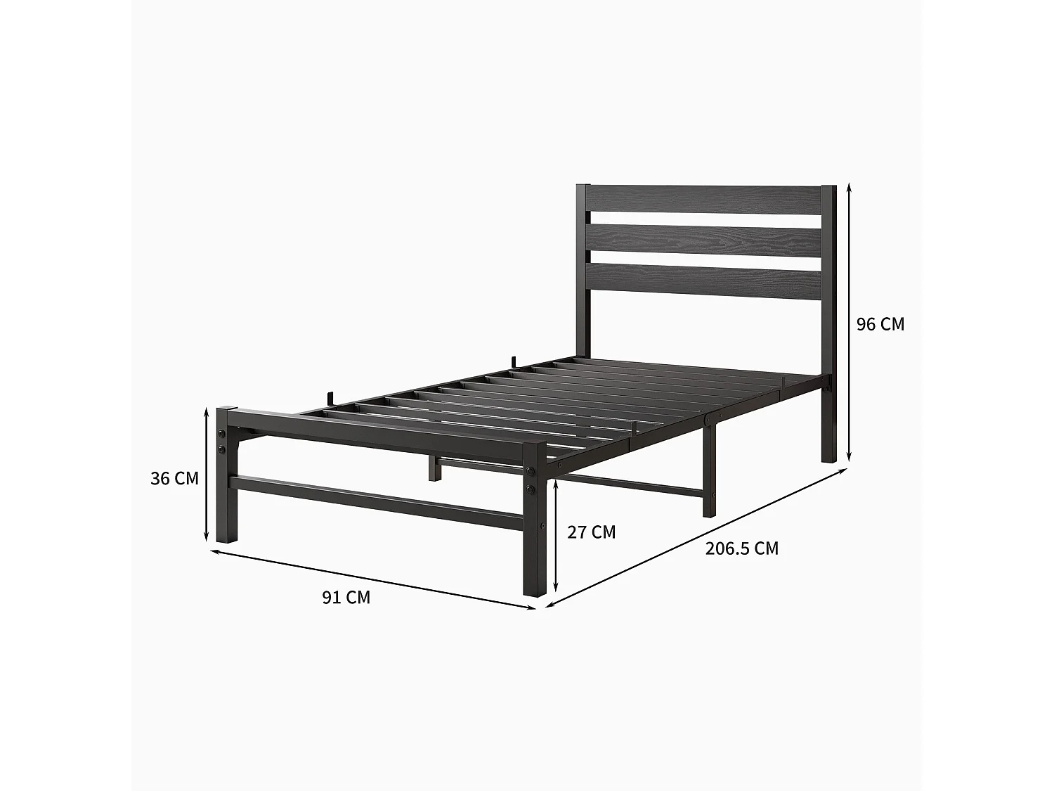 Lit Simple En Métal Noir 90x200 Cm - Lit Ado Moderne Structure Robuste Gain De Place Pour Chambre Sans Matelas