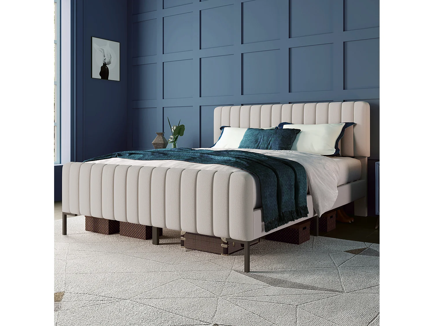 Lit Adulte 160 x 200 cm - Lit Rembourré En Lin, Tête Réglable 6 cm Et Sommier À Lattes En Pin - Gris+Beige - Sans matelas