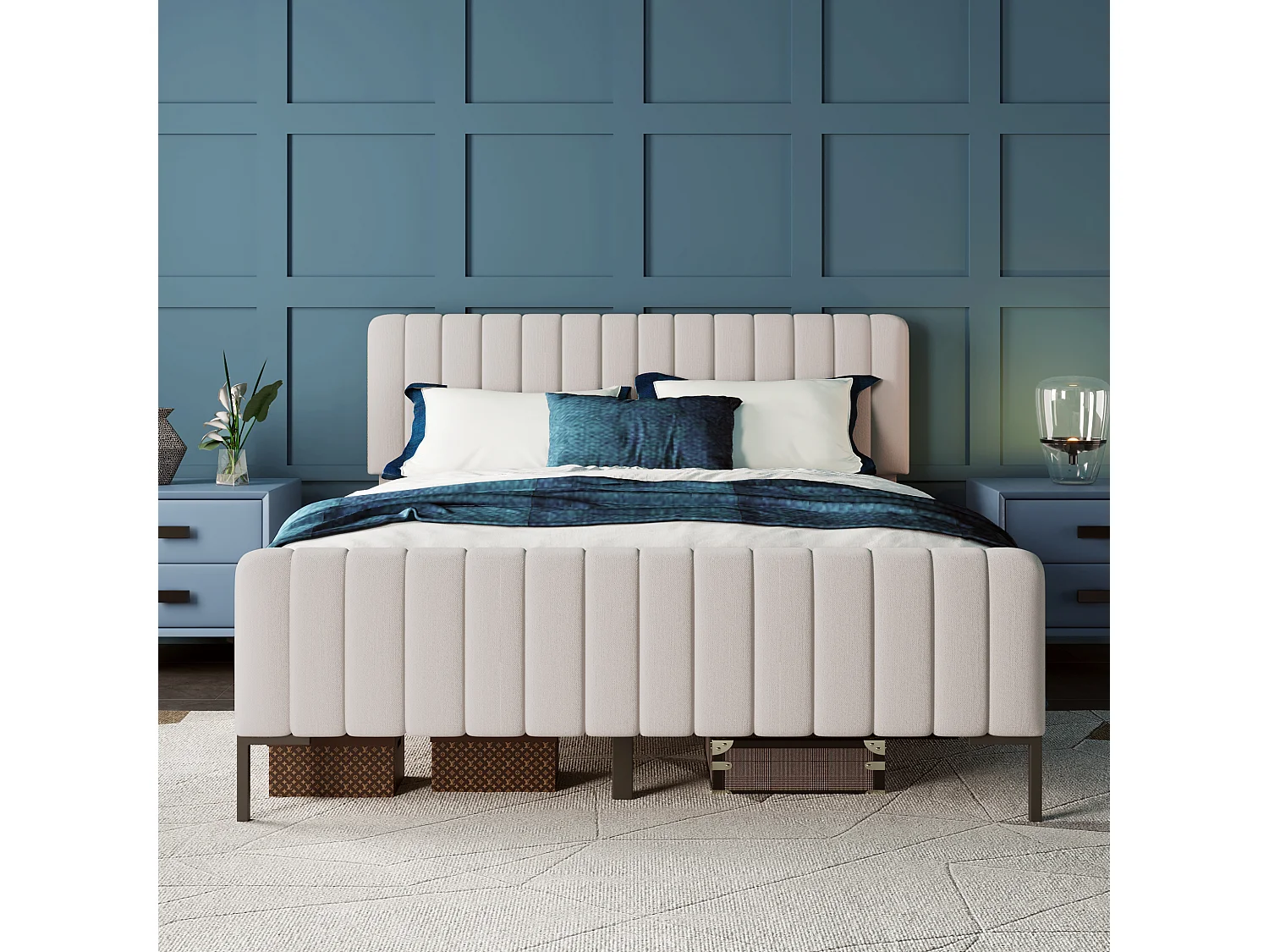 Lit Adulte 160 x 200 cm - Lit Rembourré En Lin, Tête Réglable 6 cm Et Sommier À Lattes En Pin - Gris+Beige - Sans matelas