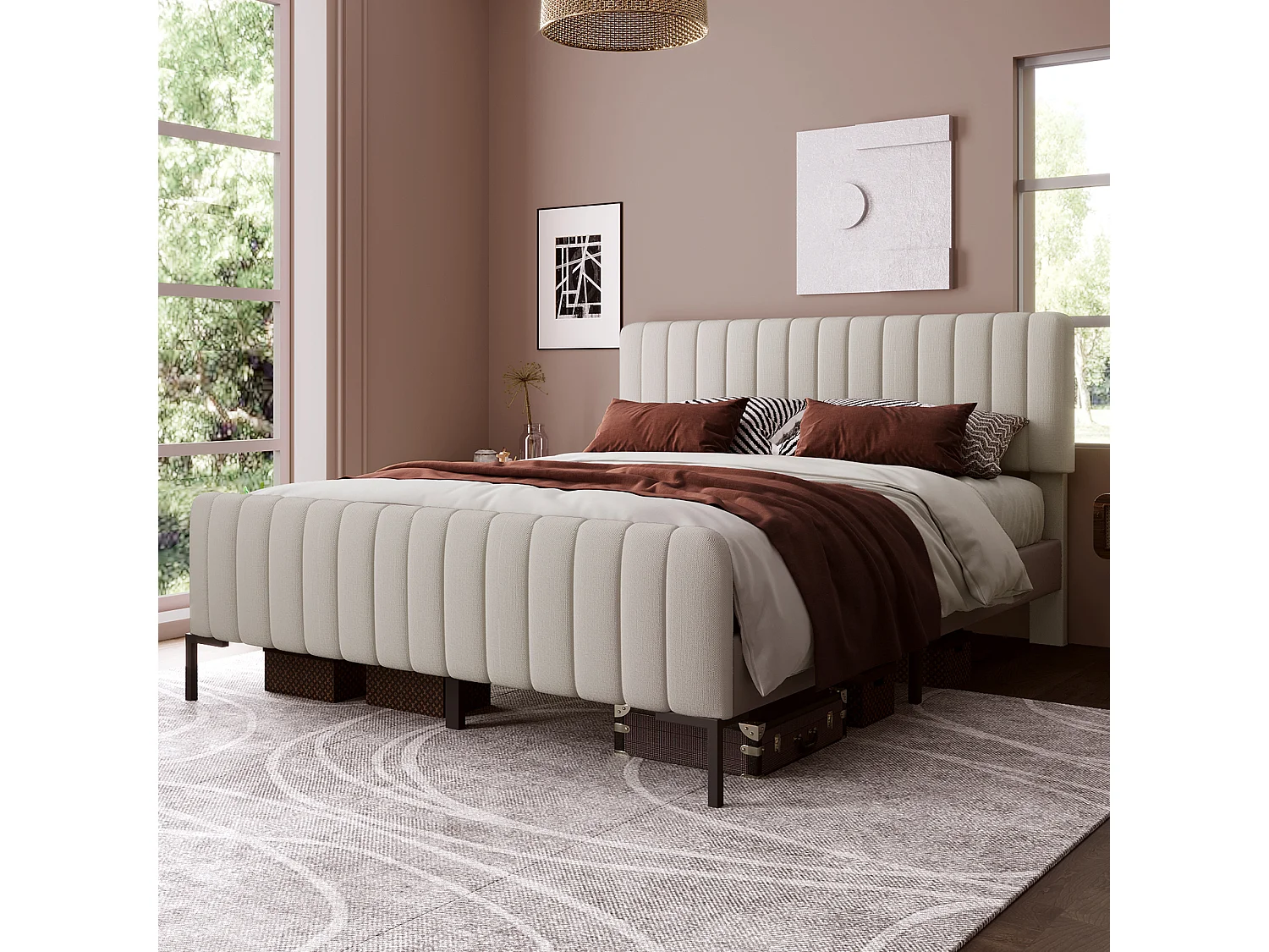 Lit Adulte 160 x 200 cm - Lit Rembourré En Lin, Tête Réglable 6 cm Et Sommier À Lattes En Pin - Gris+Beige - Sans matelas
