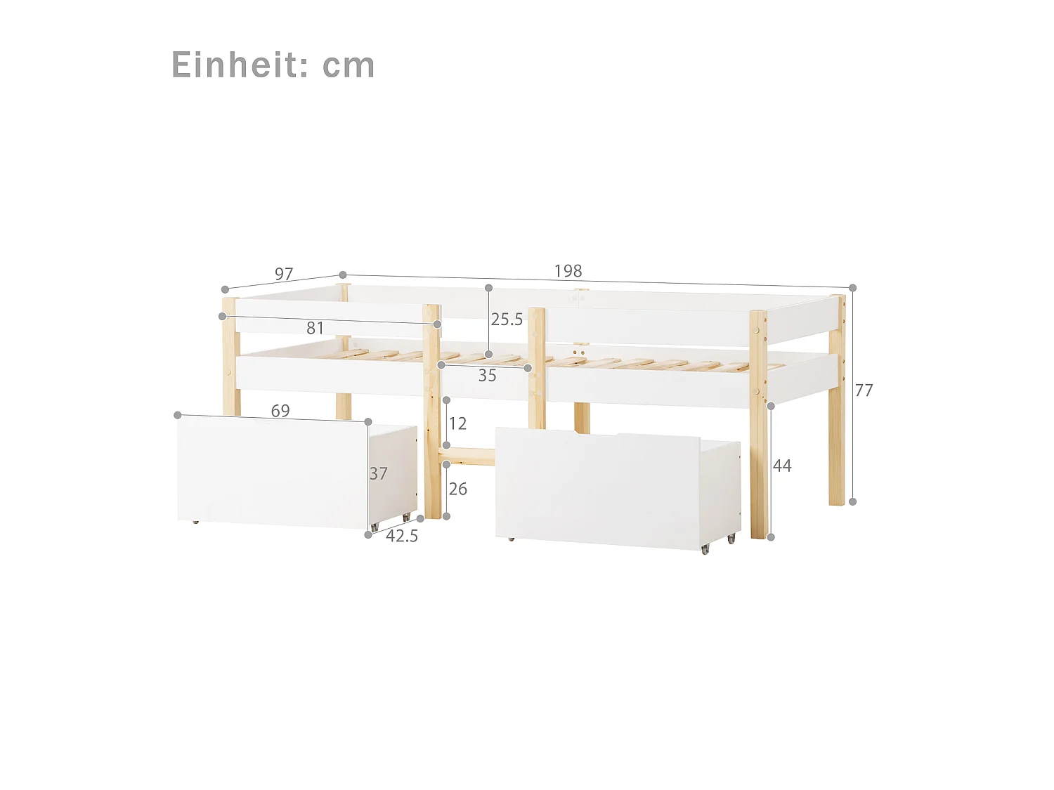 Lit Mi-Hauteur 90 x 190 cm - Pin Massif+MDF - Avec 2 Tiroirs Et Échelle Basse - Barrières Anti-Chute - Sans Matelas - Blanc