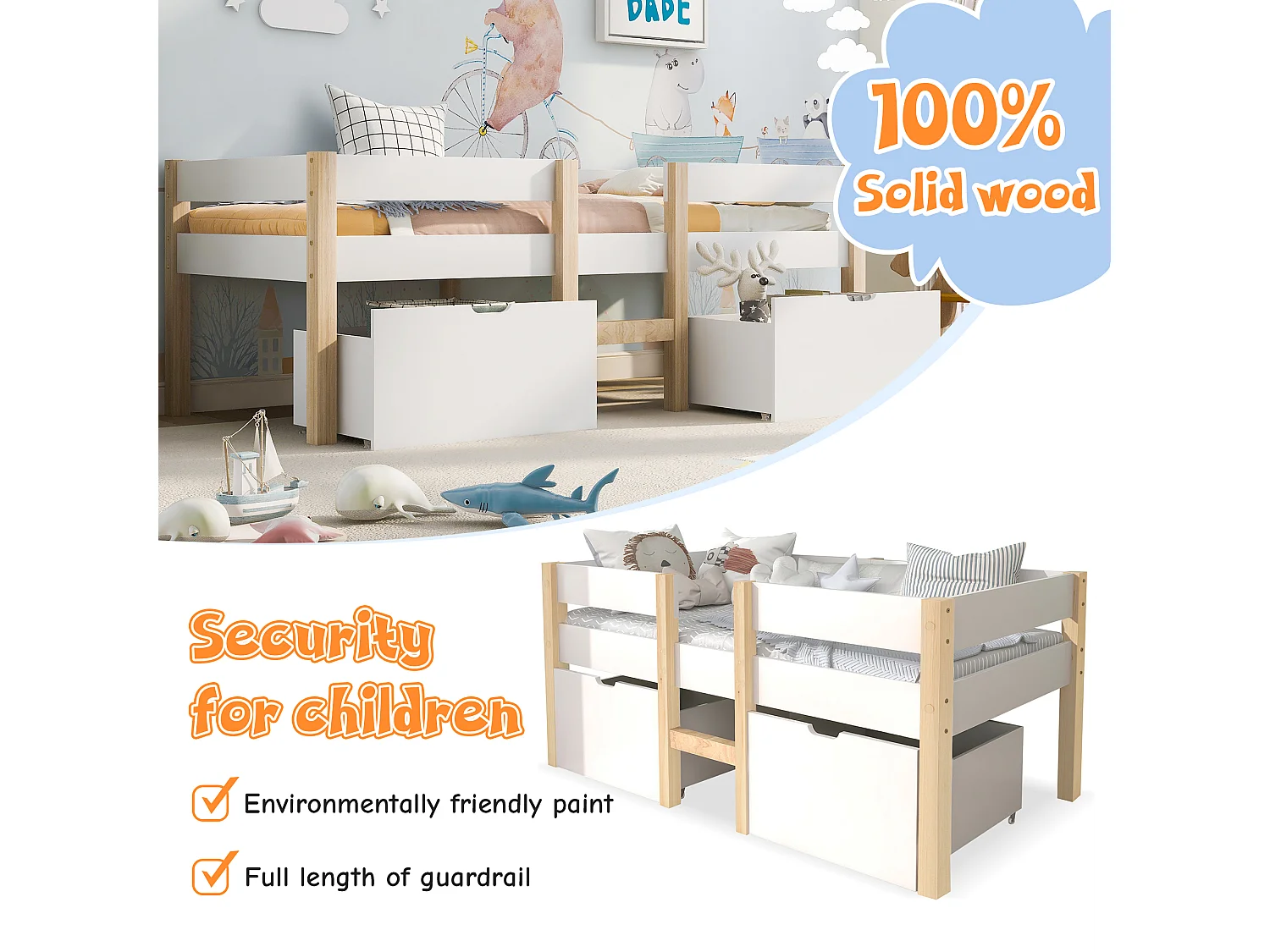 Lit Mi-Hauteur 90 x 190 cm - Pin Massif+MDF - Avec 2 Tiroirs Et Échelle Basse - Barrières Anti-Chute - Sans Matelas - Blanc