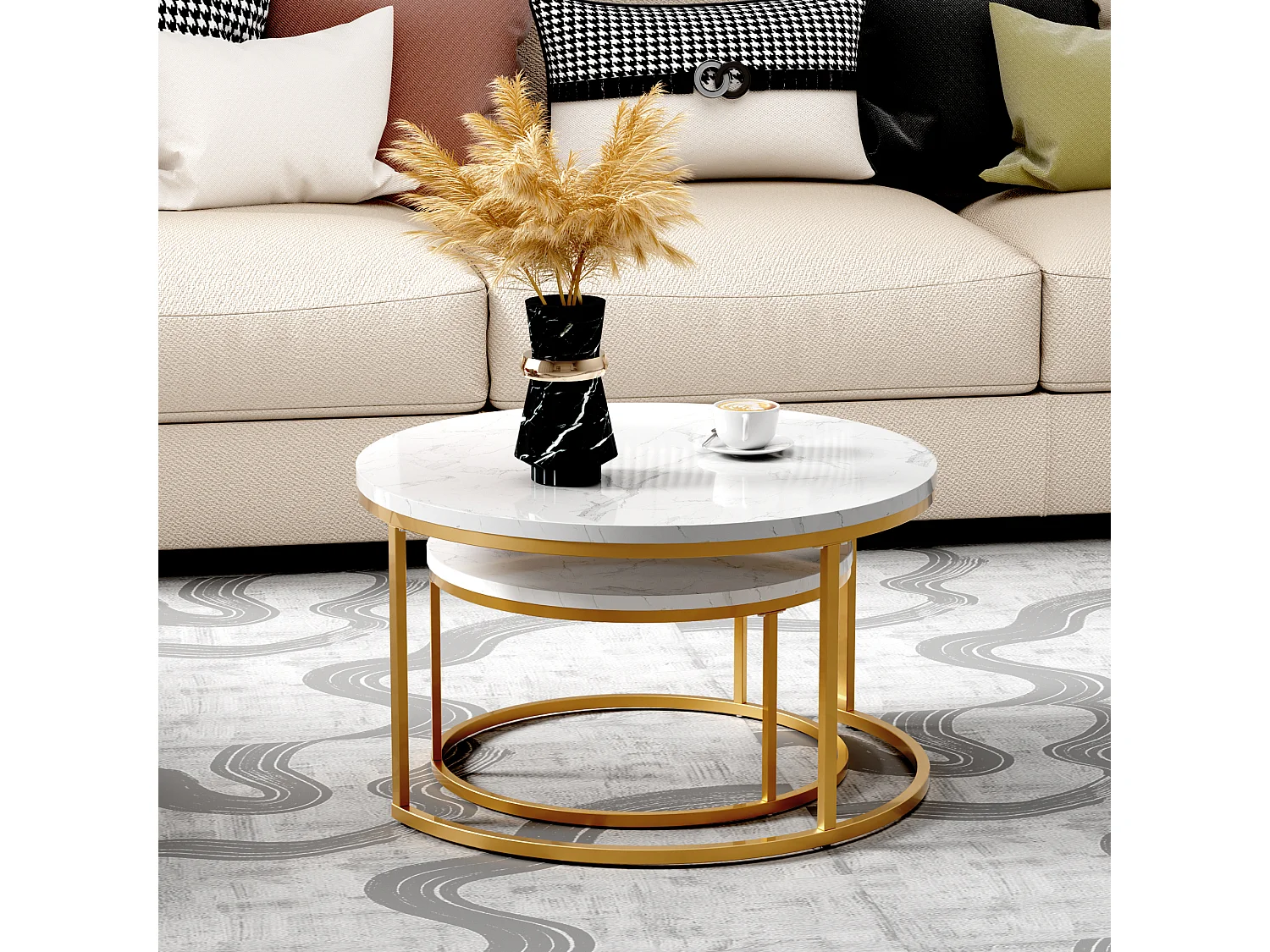 Table Basse Gigogne 2 Pièces - Tables Rondes Empilables pour Salon avec Plateau MDF Facile à Nettoyer et Cadre Métal Or/Blanc