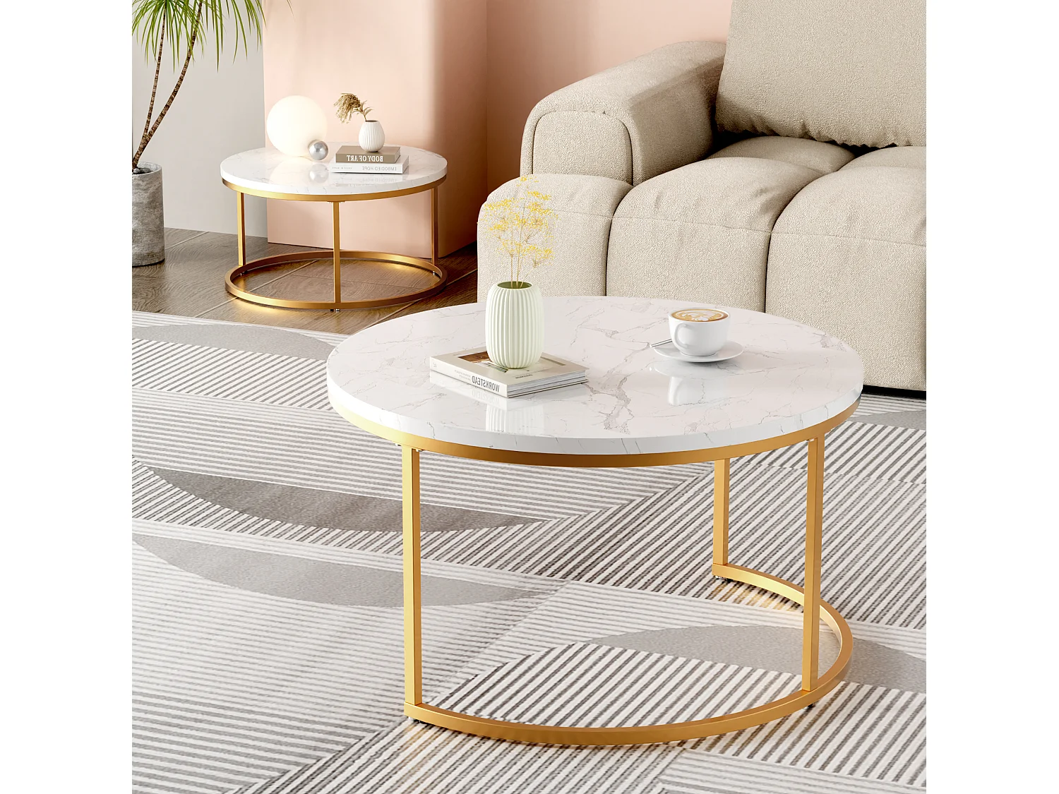 Table Basse Gigogne 2 Pièces - Tables Rondes Empilables pour Salon avec Plateau MDF Facile à Nettoyer et Cadre Métal Or/Blanc