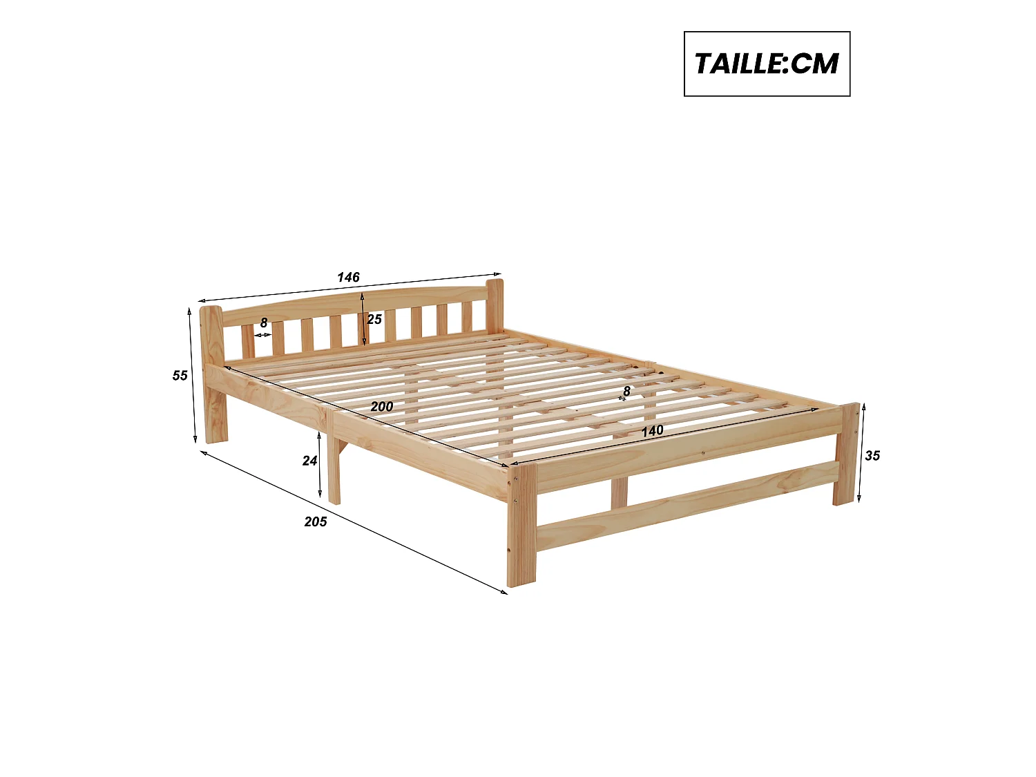 Lit adulte 140 x 200 cm - Lit futon en Pin massif - Sommier 15 lattes et Pied central - Style classique - Naturel - Sans matelas