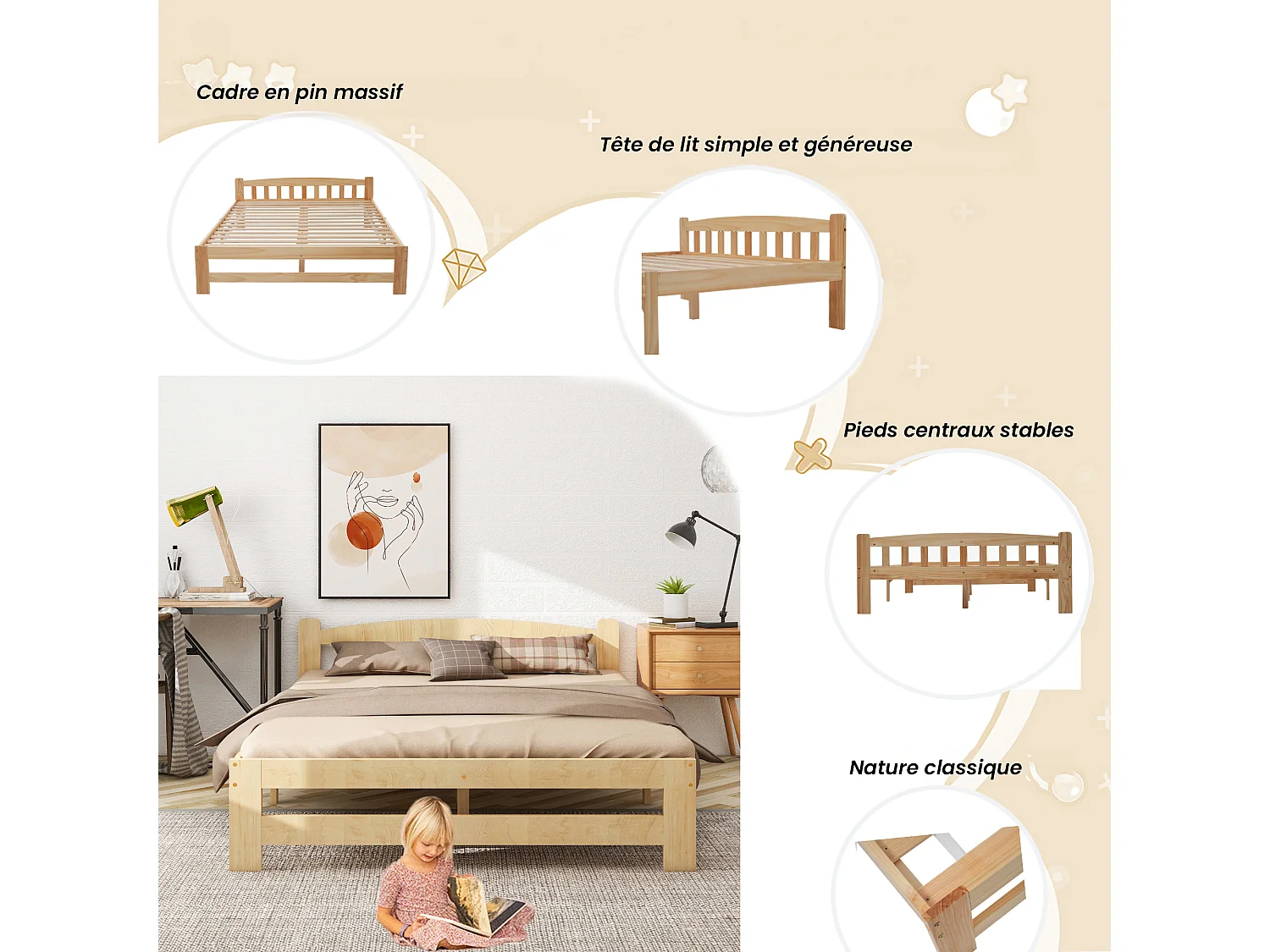 Lit adulte 140 x 200 cm - Lit futon en Pin massif - Sommier 15 lattes et Pied central - Style classique - Naturel - Sans matelas