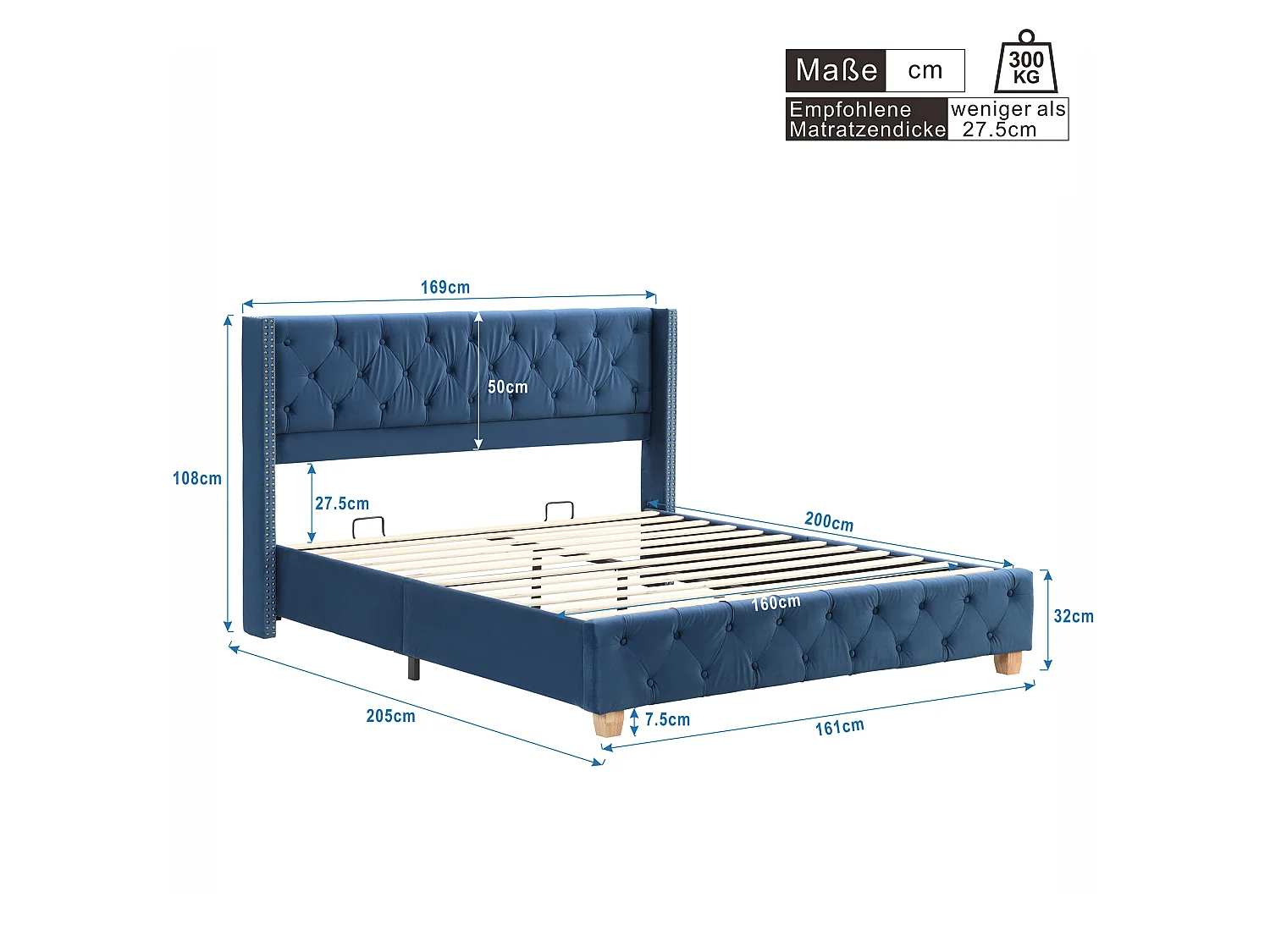 Lit 160 x 200 cm - Lit Rembourré Tête Capitonnée & Sommier à Lattes 12 pcs - En Velours - Bleu - Sans matelas - Modèle Velvet