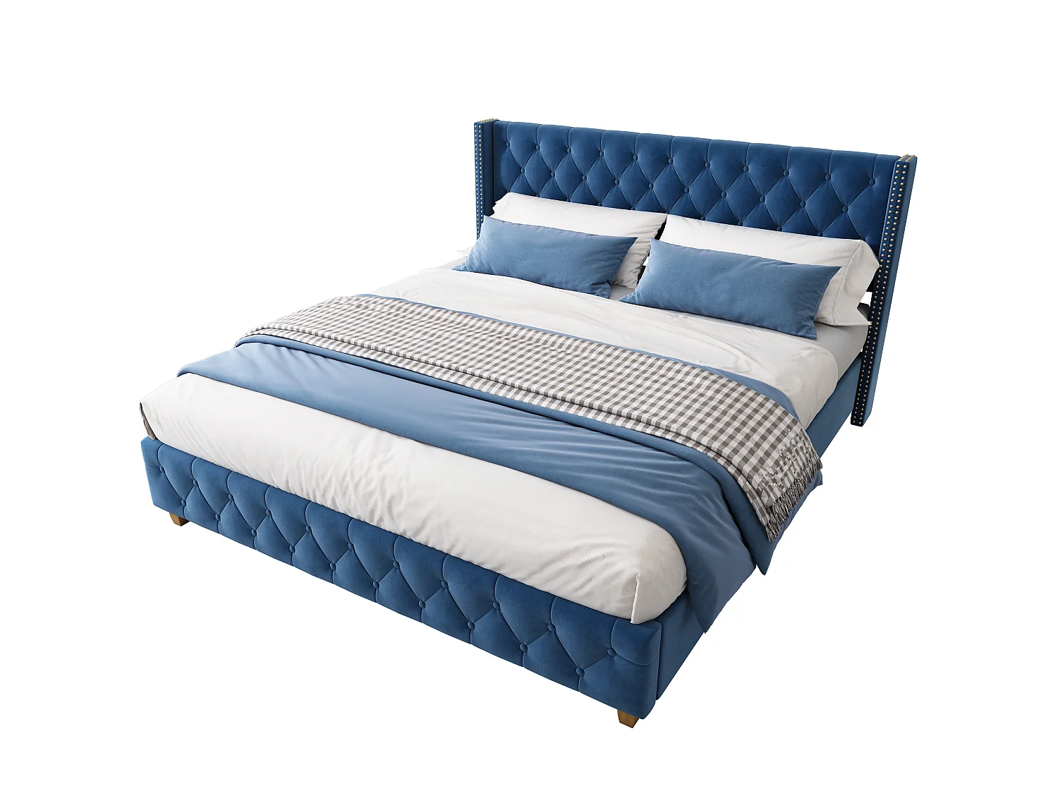 Lit 160 x 200 cm - Lit Rembourré Tête Capitonnée & Sommier à Lattes 12 pcs - En Velours - Bleu - Sans matelas - Modèle Velvet