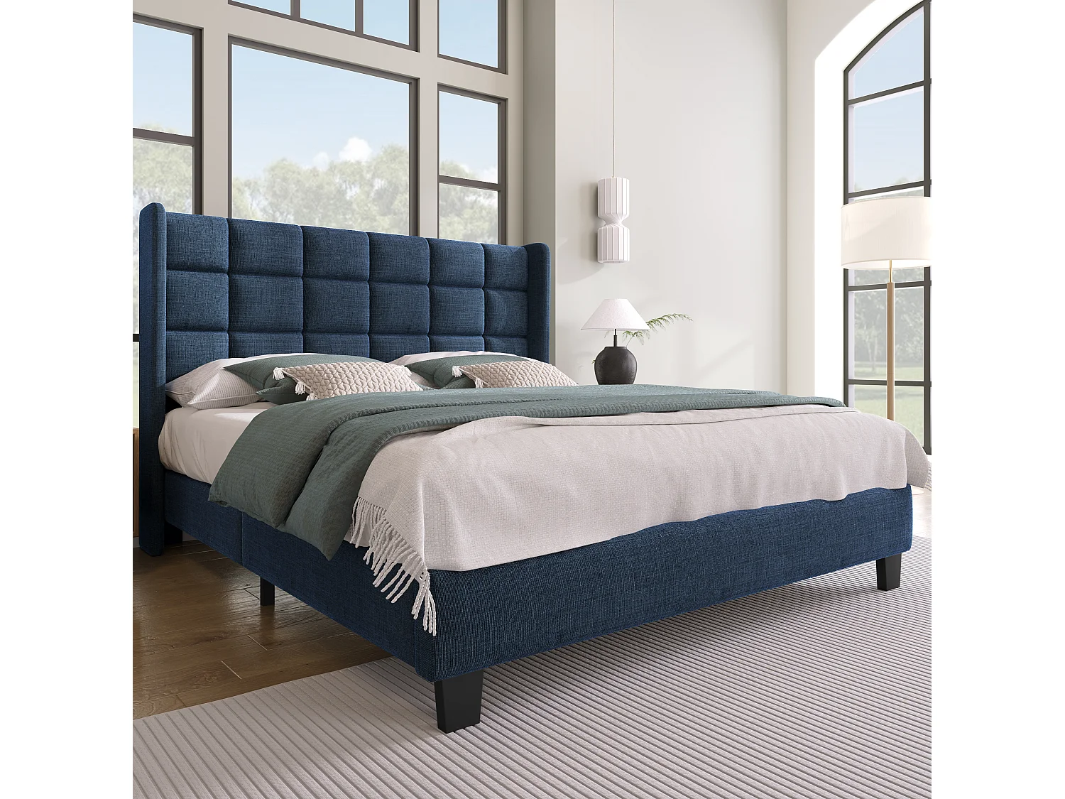 Lit 140 x 200 cm - Lit Rembourré Tête Haute - En Tissu Lin - Sommier à Lattes Inclus - Cadre Acier Intégré - Pieds Noirs - Bleu - Sans Matelas
