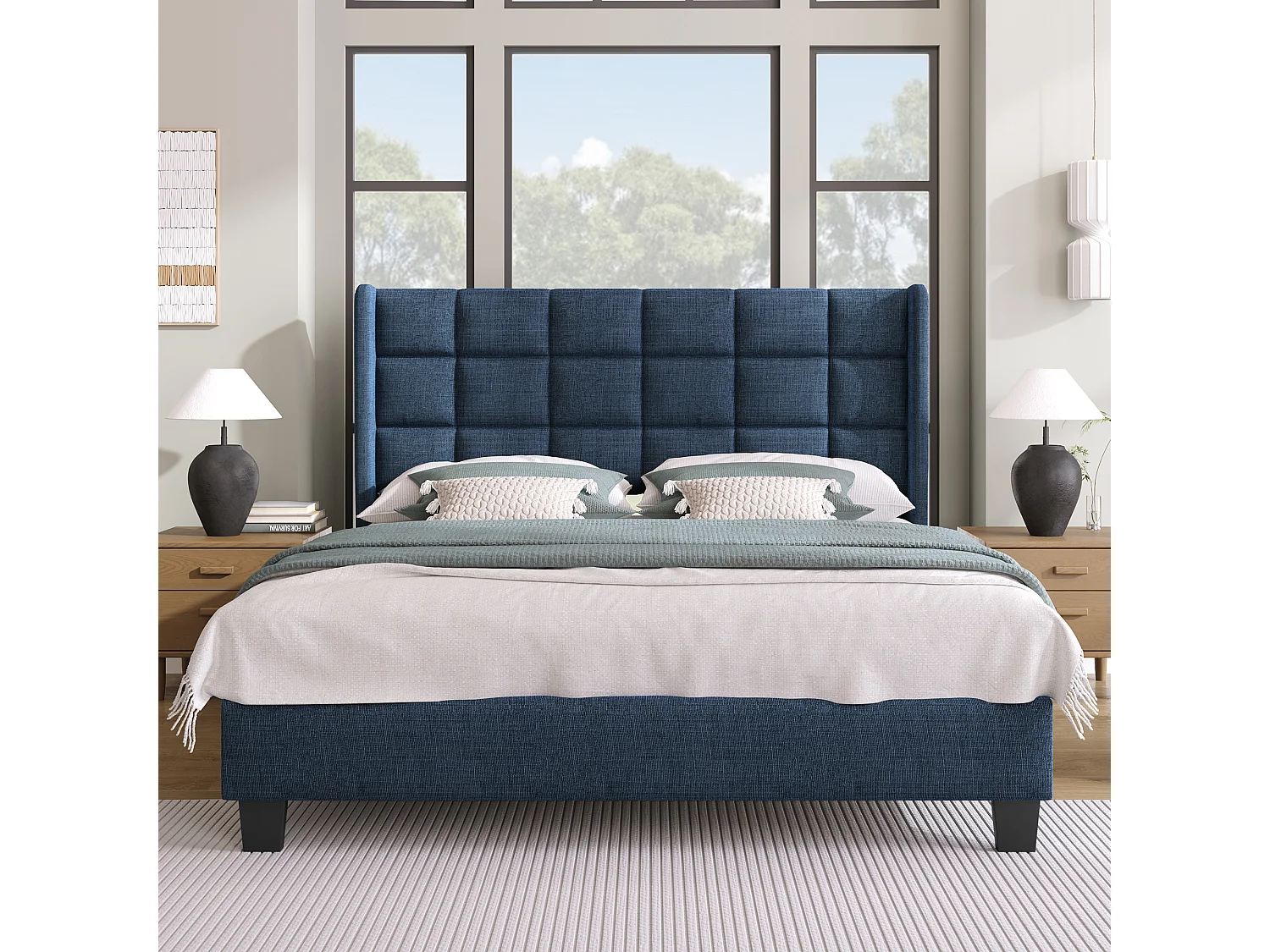 Lit 140 x 200 cm - Lit Rembourré Tête Haute - En Tissu Lin - Sommier à Lattes Inclus - Cadre Acier Intégré - Pieds Noirs - Bleu - Sans Matelas