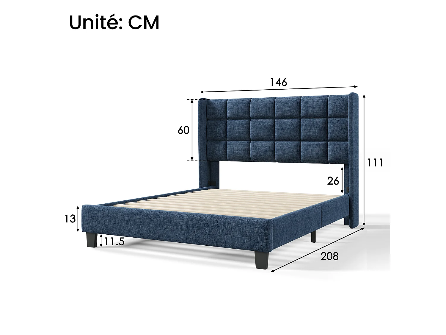 Lit 140 x 200 cm - Lit Rembourré Tête Haute - En Tissu Lin - Sommier à Lattes Inclus - Cadre Acier Intégré - Pieds Noirs - Bleu - Sans Matelas