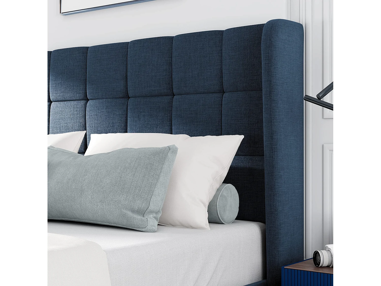 Lit 140 x 200 cm - Lit Rembourré Tête Haute - En Tissu Lin - Sommier à Lattes Inclus - Cadre Acier Intégré - Pieds Noirs - Bleu - Sans Matelas