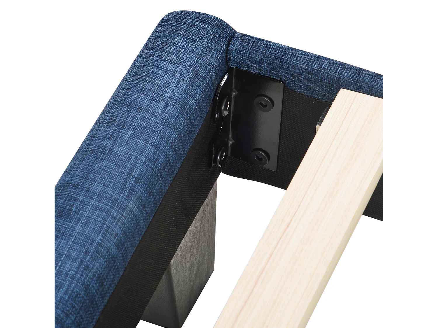 Lit 140 x 200 cm - Lit Rembourré Tête Haute - En Tissu Lin - Sommier à Lattes Inclus - Cadre Acier Intégré - Pieds Noirs - Bleu - Sans Matelas