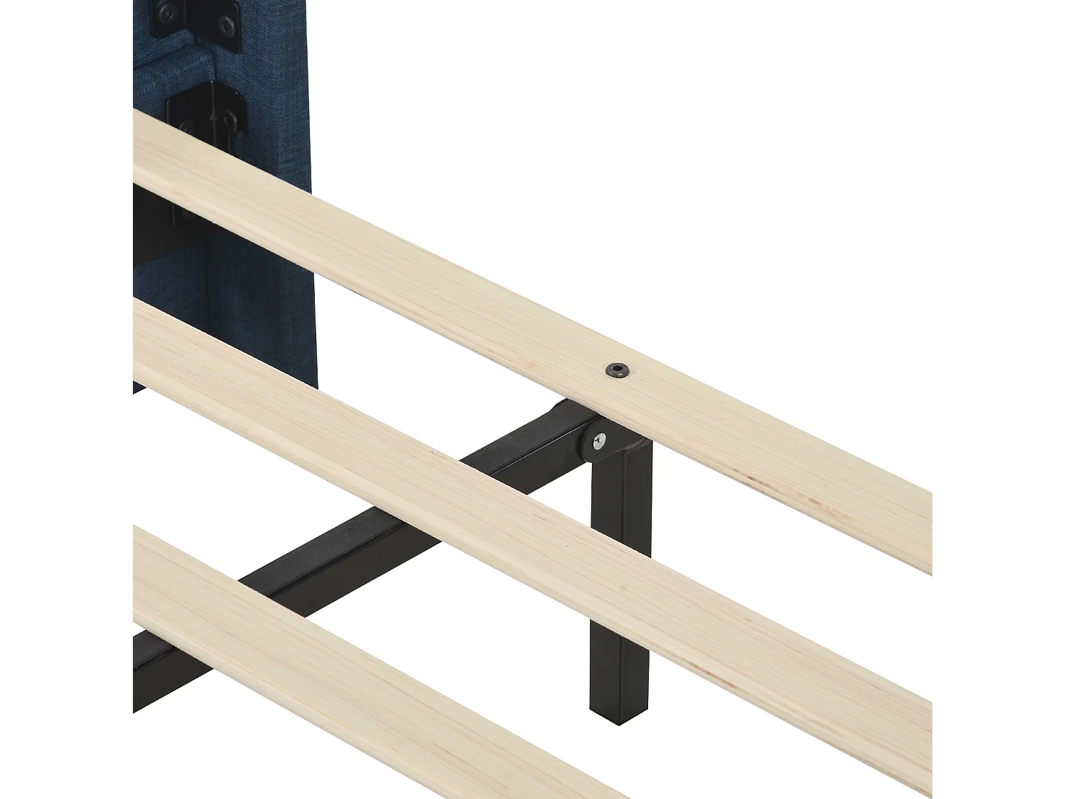 Lit 140 x 200 cm - Lit Rembourré Tête Haute - En Tissu Lin - Sommier à Lattes Inclus - Cadre Acier Intégré - Pieds Noirs - Bleu - Sans Matelas