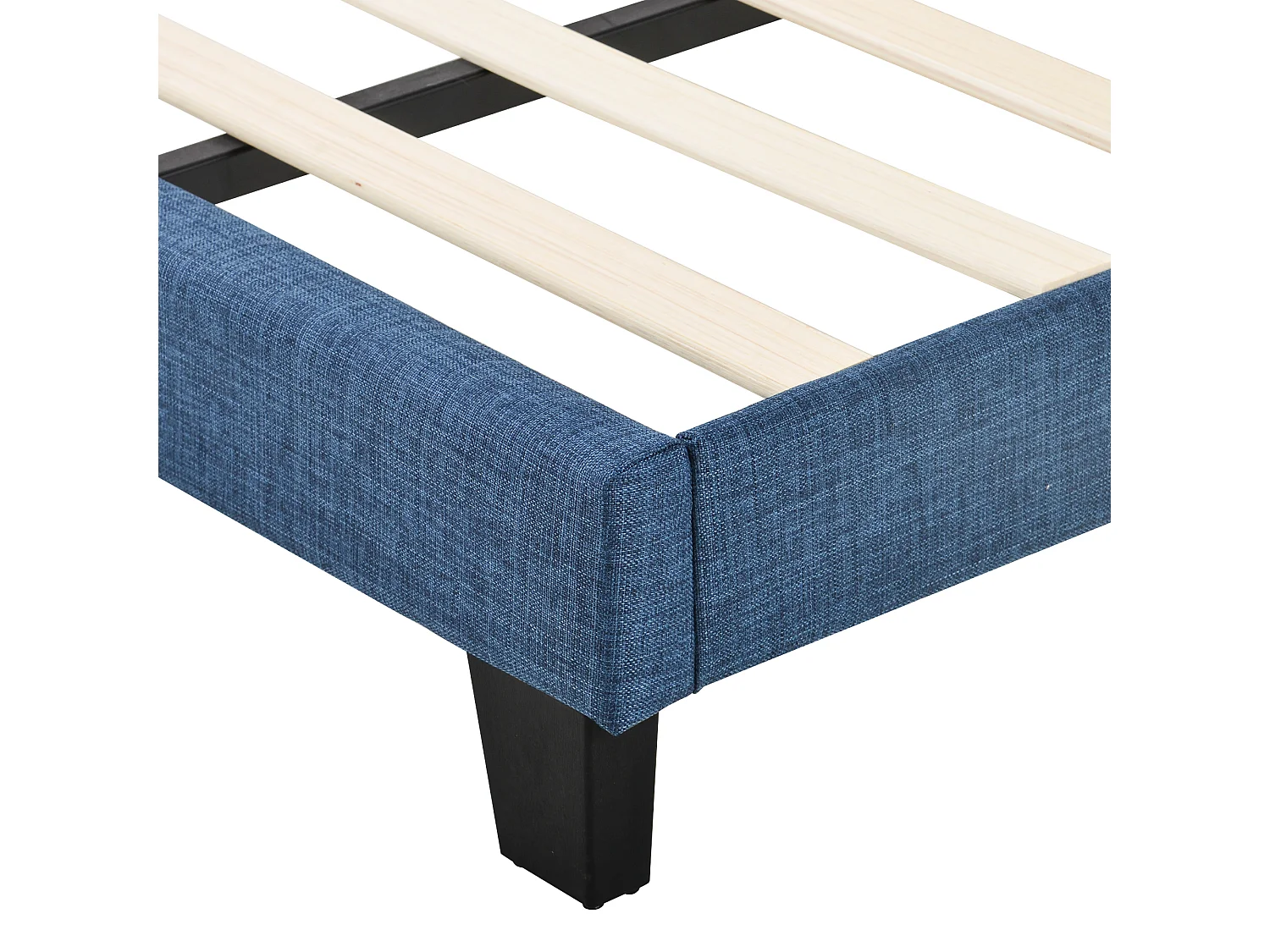 Lit 140 x 200 cm - Lit Rembourré Tête Haute - En Tissu Lin - Sommier à Lattes Inclus - Cadre Acier Intégré - Pieds Noirs - Bleu - Sans Matelas