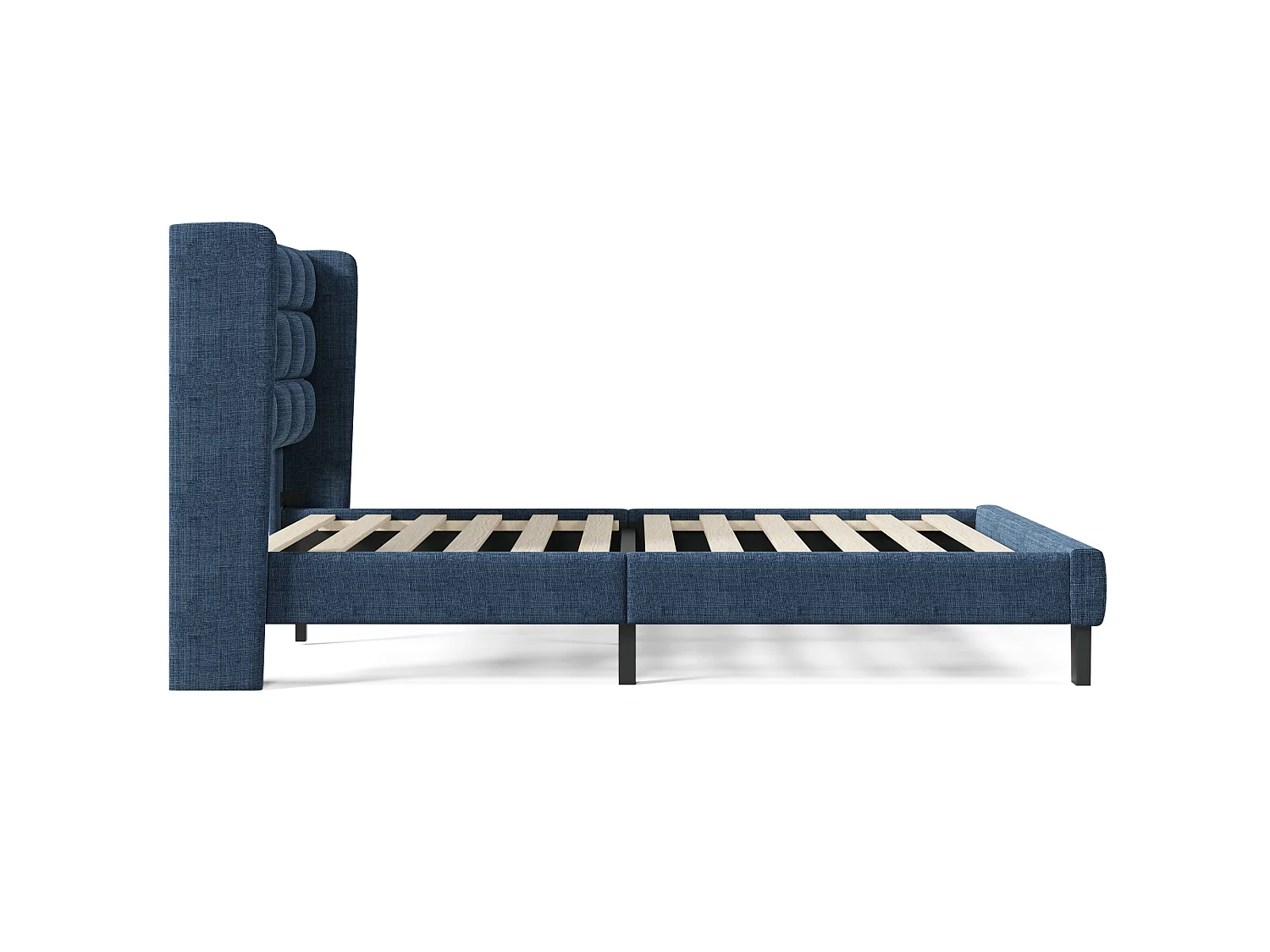Lit 140 x 200 cm - Lit Rembourré Tête Haute - En Tissu Lin - Sommier à Lattes Inclus - Cadre Acier Intégré - Pieds Noirs - Bleu - Sans Matelas