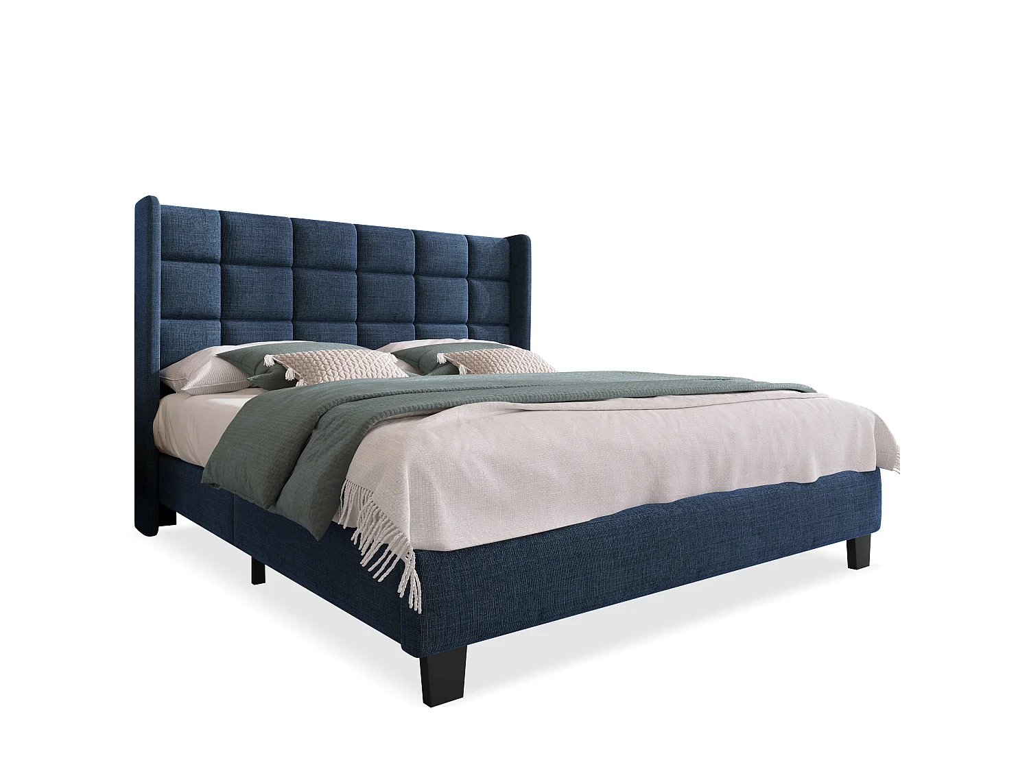 Lit 140 x 200 cm - Lit Rembourré Tête Haute - En Tissu Lin - Sommier à Lattes Inclus - Cadre Acier Intégré - Pieds Noirs - Bleu - Sans Matelas