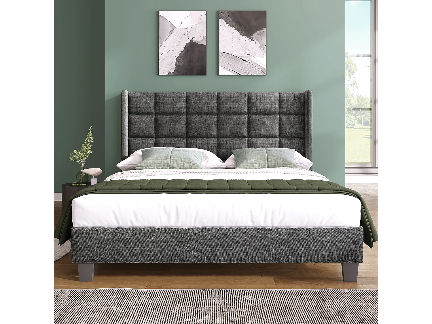 Lit 140 x 200 cm - Lit avec Sommier à Lattes Inclus, Cadre Métallique et Lattes Bois - Charge 200 kg - Sans Matelas - Gris