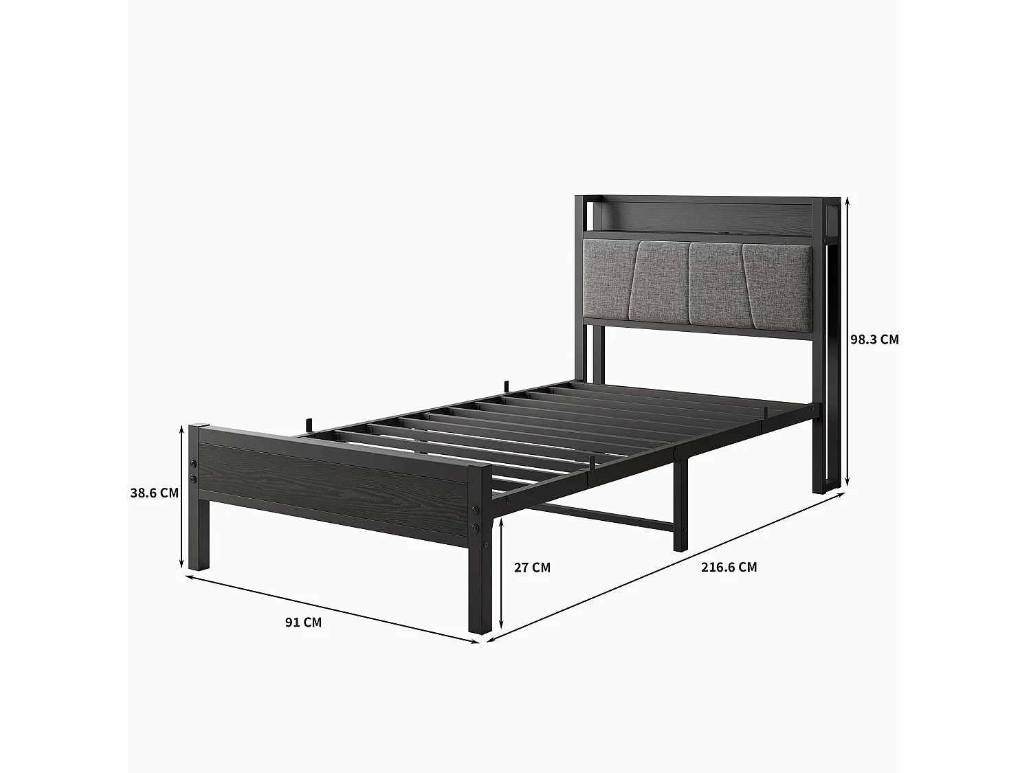 Lit Simple En Métal Noir 90x200 Cm Avec Tête De Lit Capitonnée Et Double Port USB - Cadre Stable Moderne Pour Chambre Ado Sans Matelas