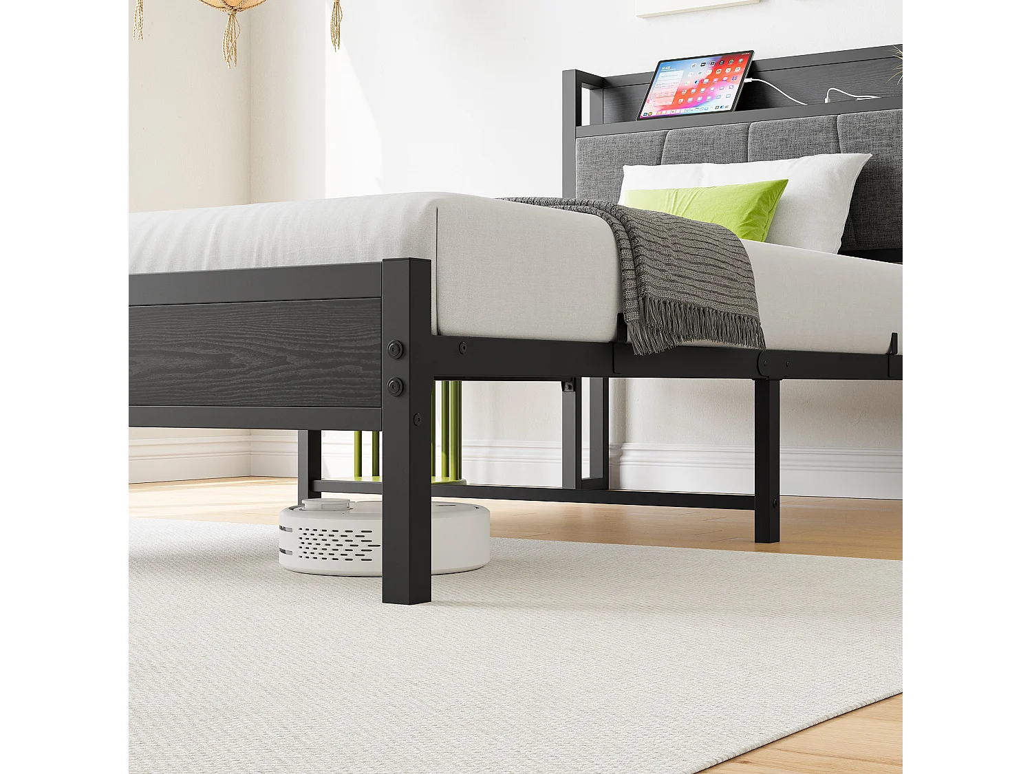 Lit Simple En Métal Noir 90x200 Cm Avec Tête De Lit Capitonnée Et Double Port USB - Cadre Stable Moderne Pour Chambre Ado Sans Matelas