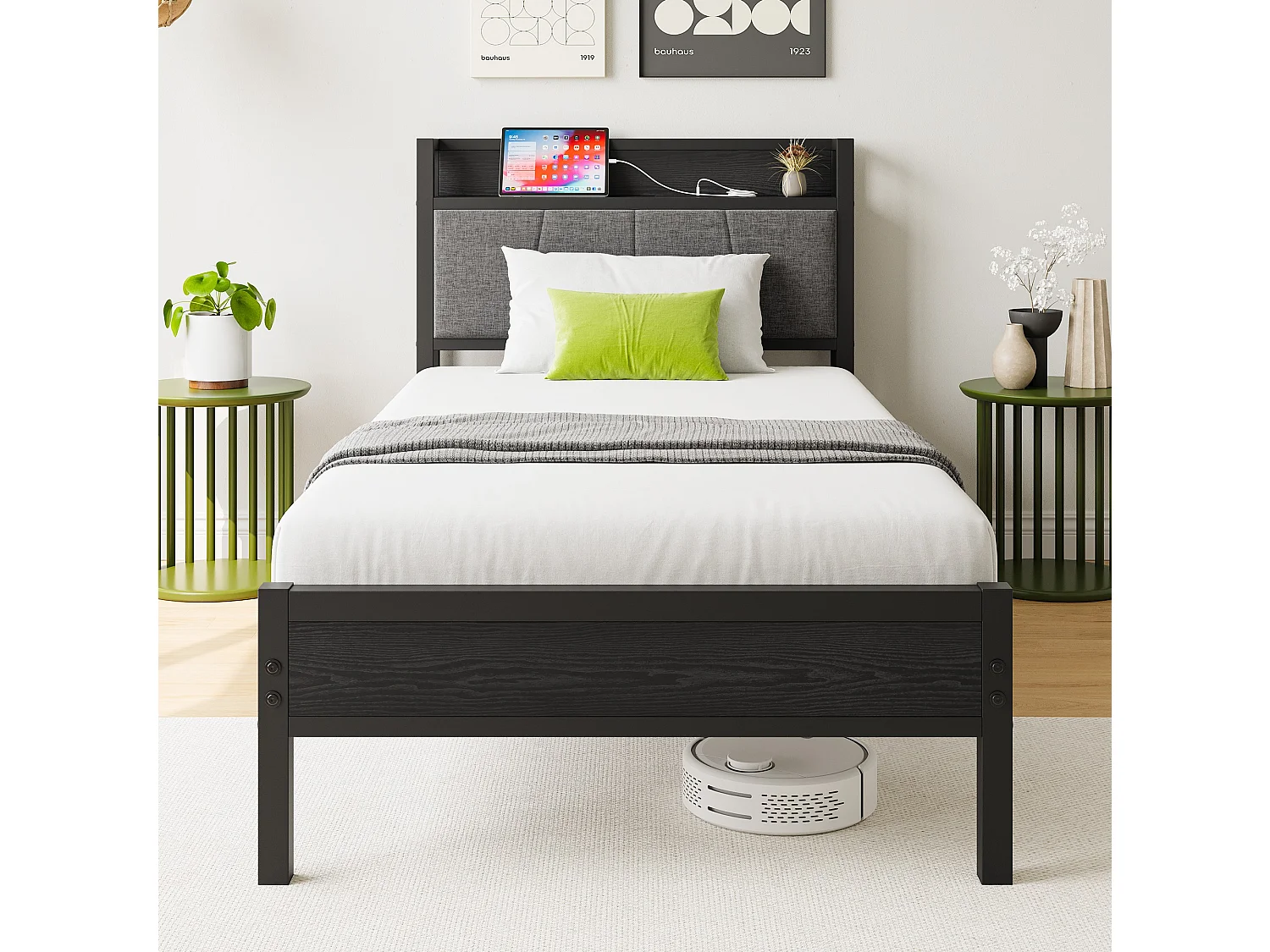 Lit Simple En Métal Noir 90x200 Cm Avec Tête De Lit Capitonnée Et Double Port USB - Cadre Stable Moderne Pour Chambre Ado Sans Matelas