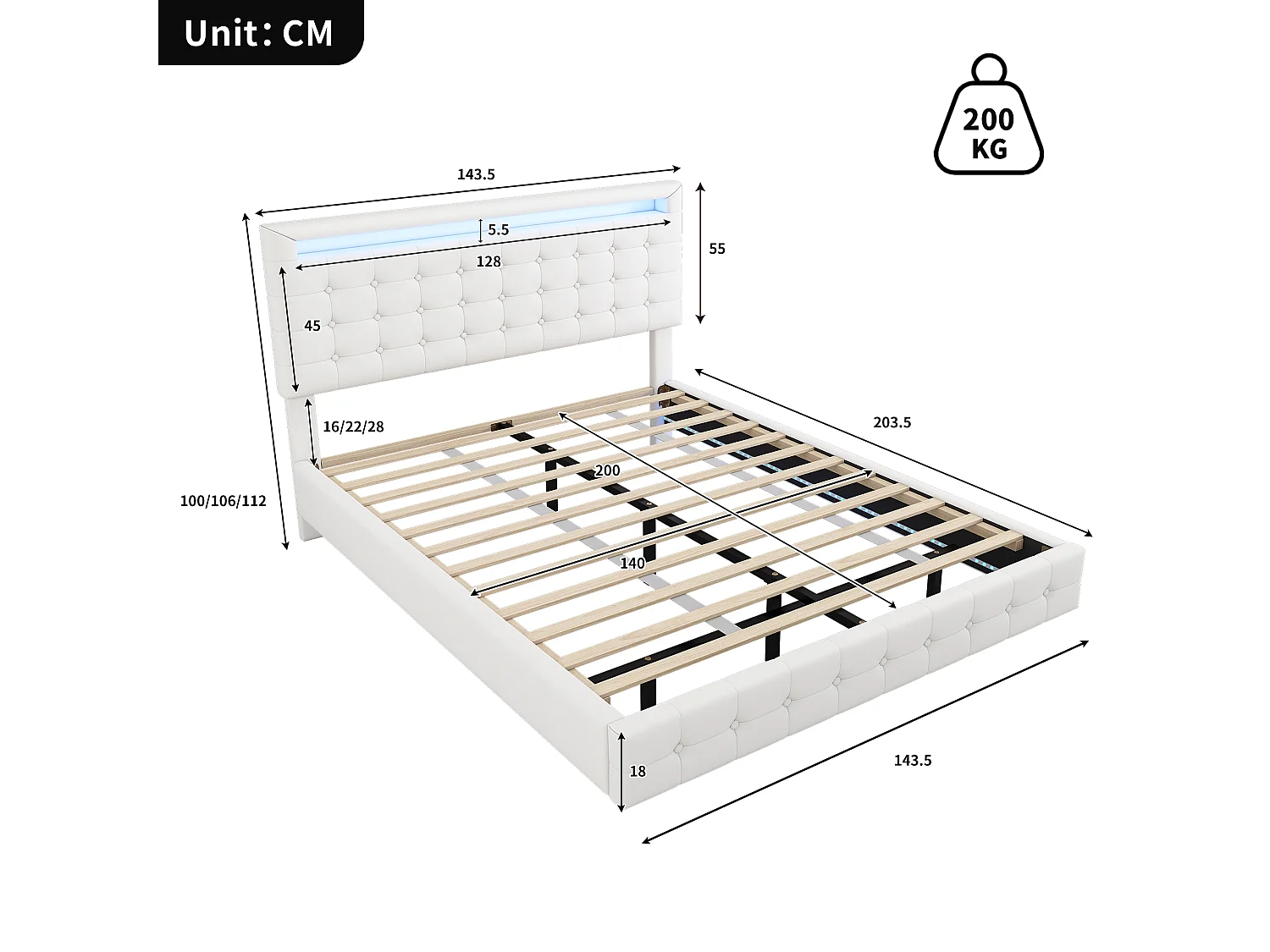 Lit 140 x 200 cm - Lit Adulte Flottant - En PU - Éclairage LED Ambiant, Tête De Lit Réglable 3 Niveaux - Blanc - Sans matelas