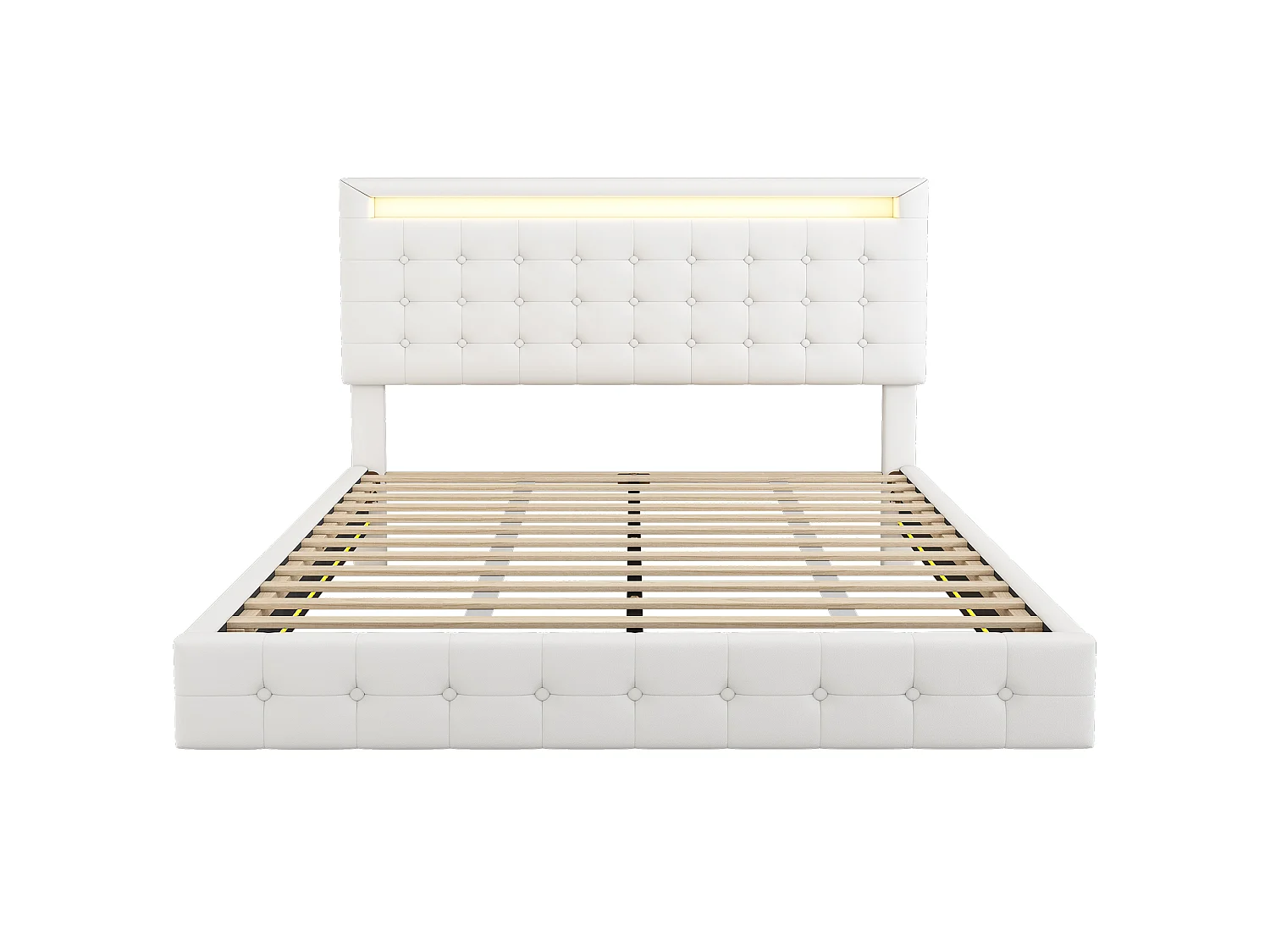 Lit 140 x 200 cm - Lit Adulte Flottant - En PU - Éclairage LED Ambiant, Tête De Lit Réglable 3 Niveaux - Blanc - Sans matelas