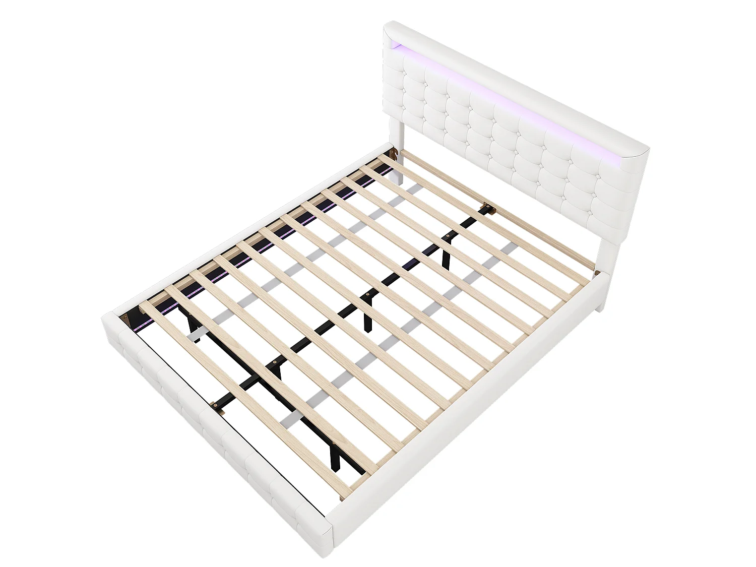 Lit 140 x 200 cm - Lit Adulte Flottant - En PU - Éclairage LED Ambiant, Tête De Lit Réglable 3 Niveaux - Blanc - Sans matelas