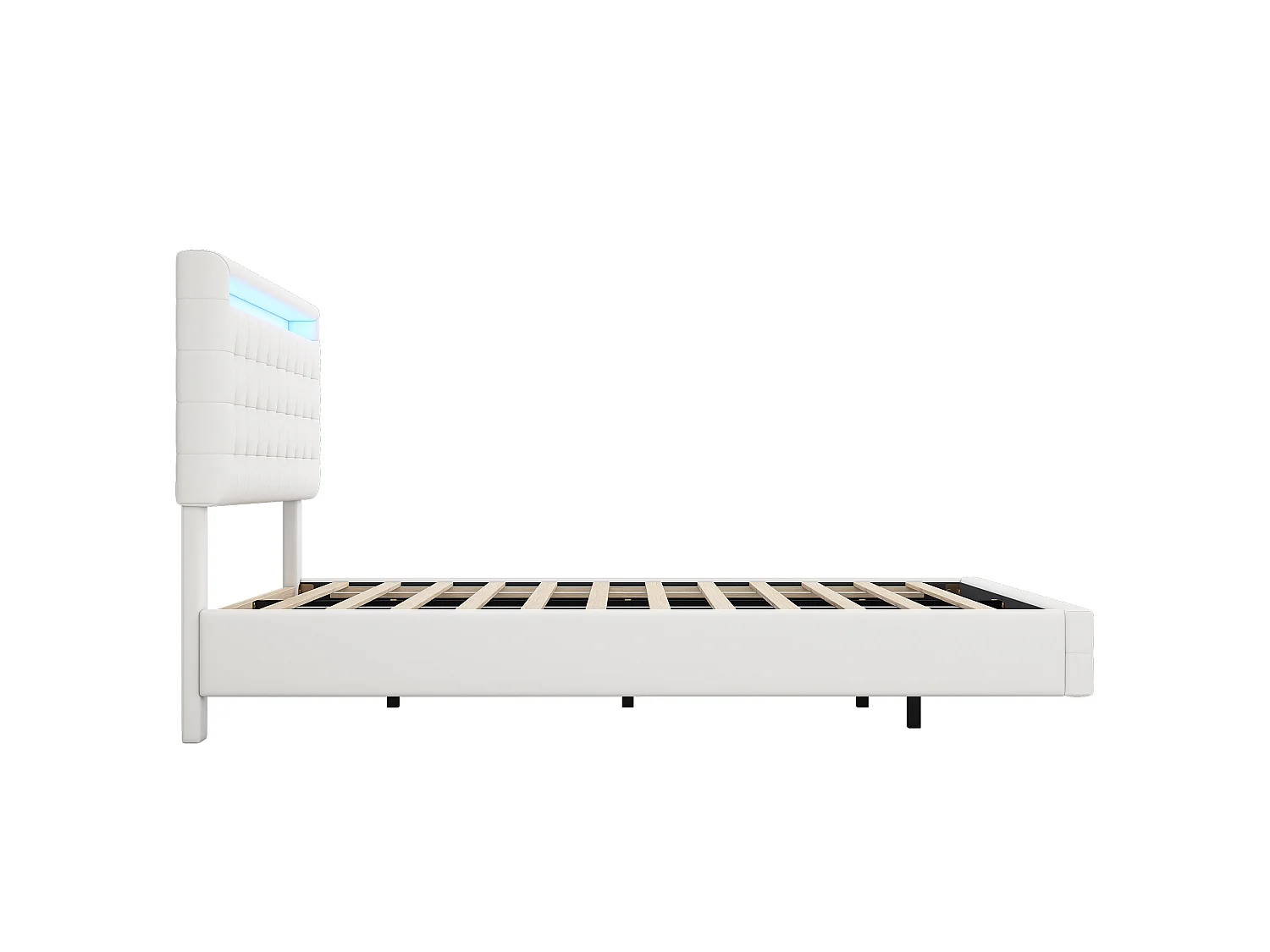 Lit 140 x 200 cm - Lit Adulte Flottant - En PU - Éclairage LED Ambiant, Tête De Lit Réglable 3 Niveaux - Blanc - Sans matelas