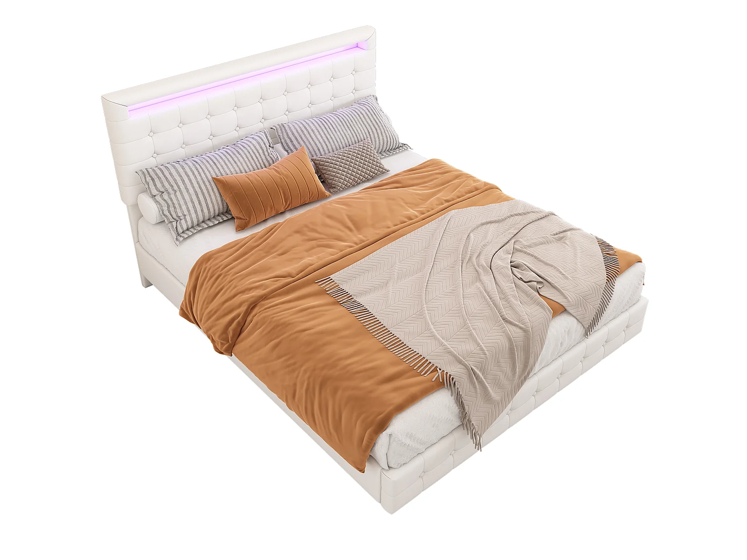 Lit 140 x 200 cm - Lit Adulte Flottant - En PU - Éclairage LED Ambiant, Tête De Lit Réglable 3 Niveaux - Blanc - Sans matelas