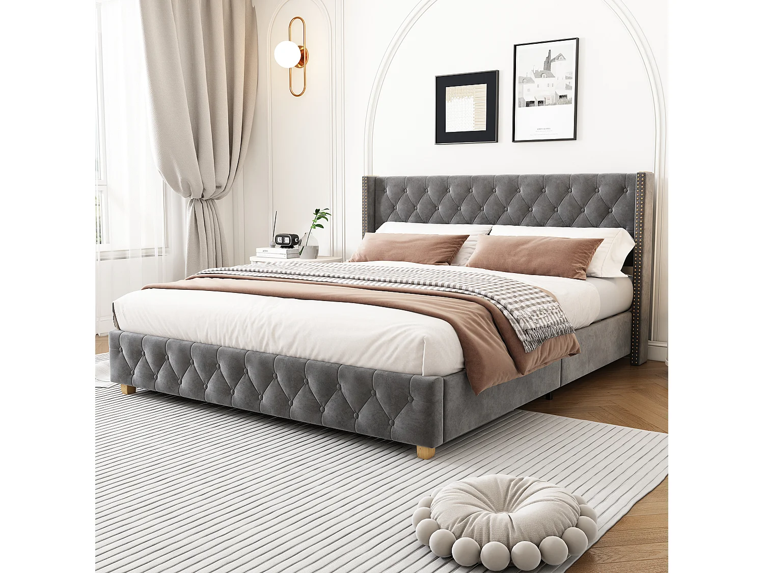Lit 140 x 190 cm - Lit Rembourré Capitonné En Velours - Sommier À Lattes 12pcs, Rivets Décoratifs - Gris - Matelas Non Inclus