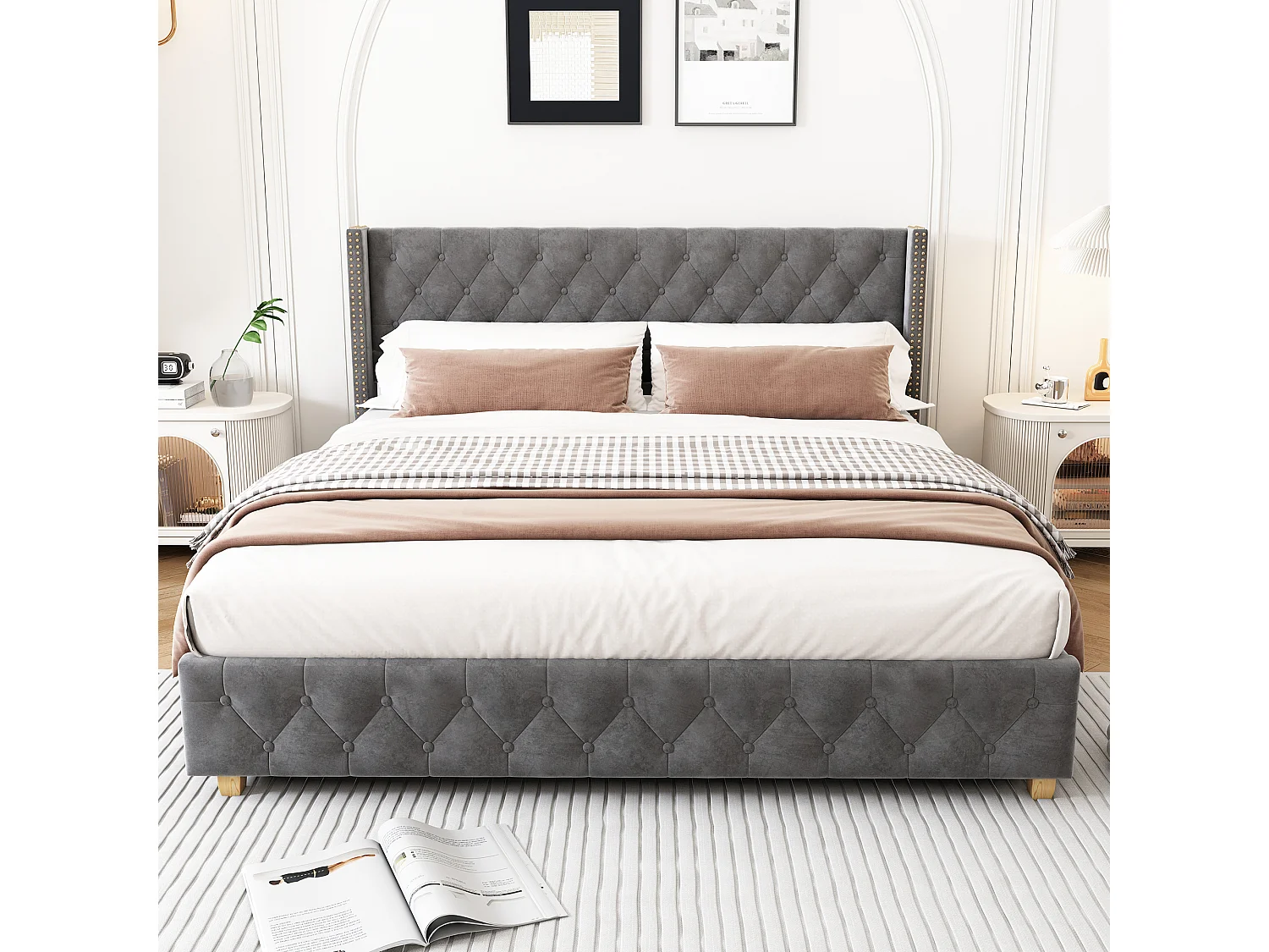 Lit 140 x 190 cm - Lit Rembourré Capitonné En Velours - Sommier À Lattes 12pcs, Rivets Décoratifs - Gris - Matelas Non Inclus