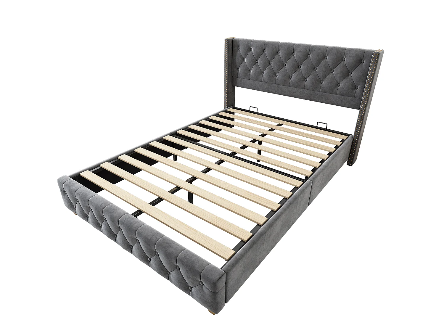 Lit 140 x 190 cm - Lit Rembourré Capitonné En Velours - Sommier À Lattes 12pcs, Rivets Décoratifs - Gris - Matelas Non Inclus