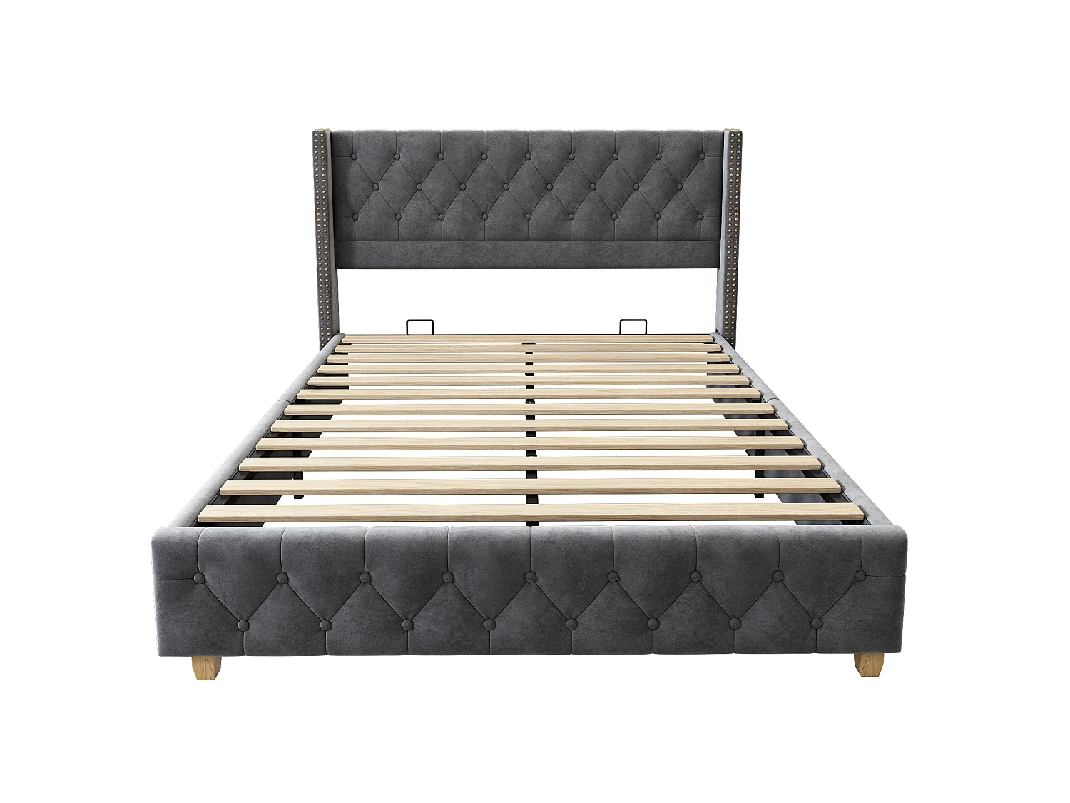 Lit 140 x 190 cm - Lit Rembourré Capitonné En Velours - Sommier À Lattes 12pcs, Rivets Décoratifs - Gris - Matelas Non Inclus