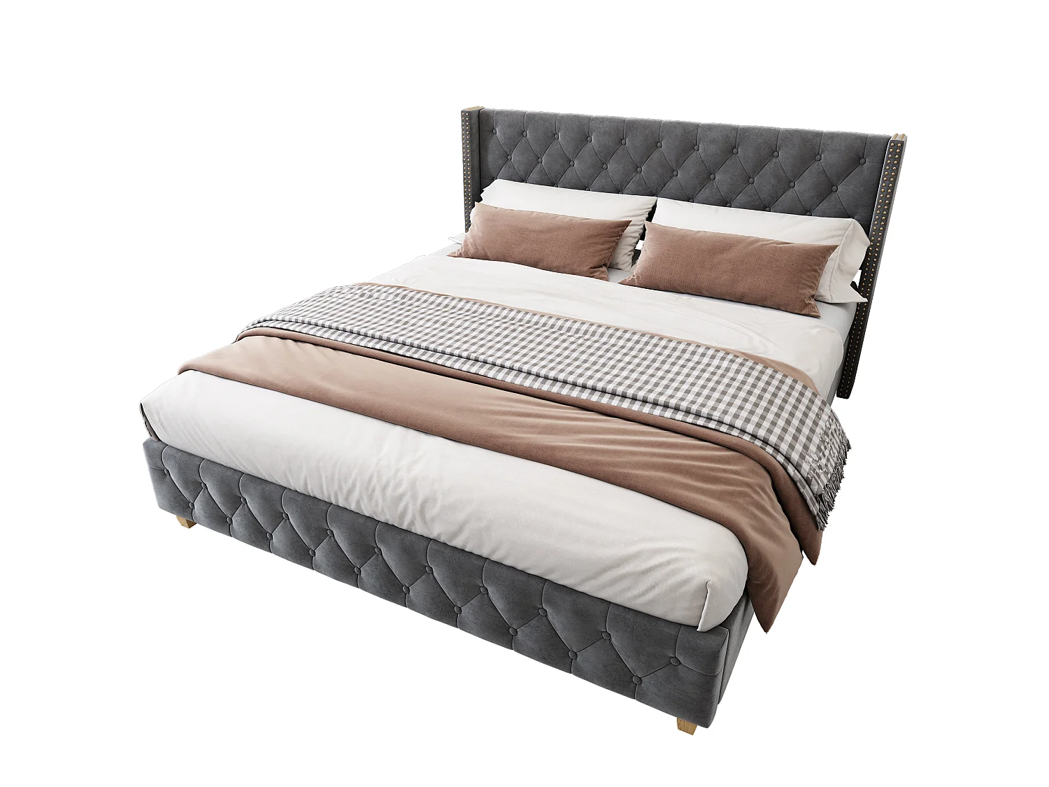 Lit 140 x 190 cm - Lit Rembourré Capitonné En Velours - Sommier À Lattes 12pcs, Rivets Décoratifs - Gris - Matelas Non Inclus