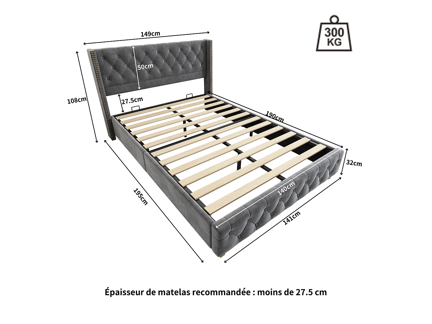 Lit 140 x 190 cm - Lit Rembourré Capitonné En Velours - Sommier À Lattes 12pcs, Rivets Décoratifs - Gris - Matelas Non Inclus