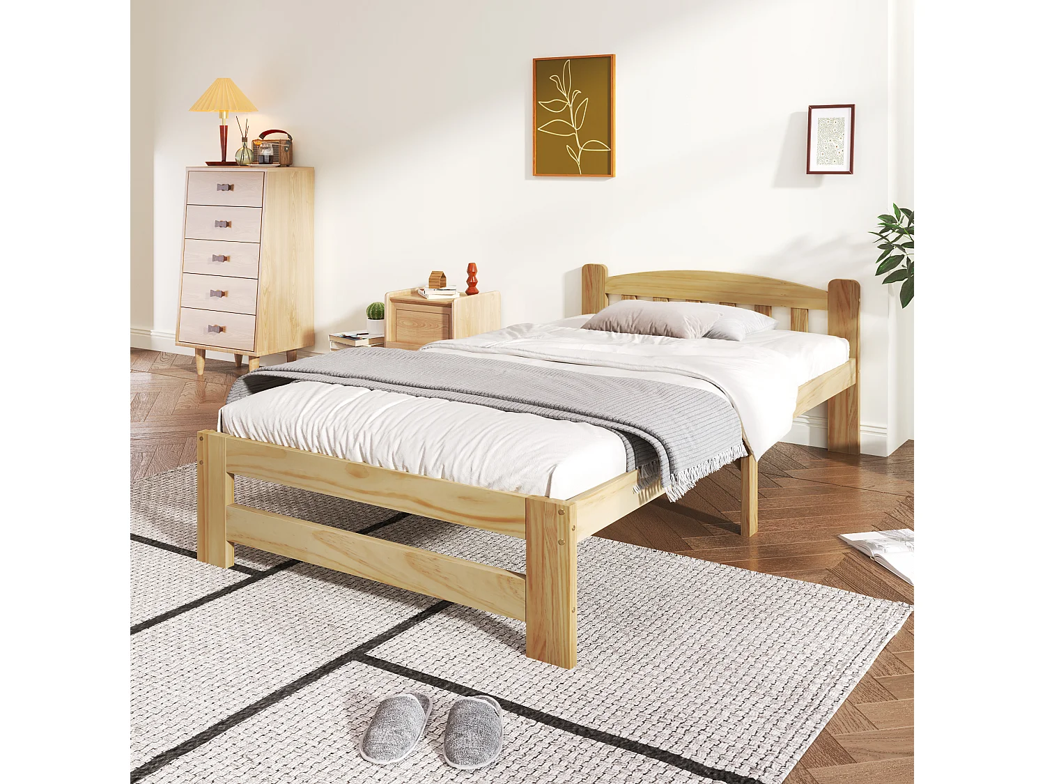 Lit Adulte 90 x 200 cm - Lit Simple Futon En Bois Massif (Pin) - 15 Lattes, Pied Central Et Socle, Sans Matelas - Design Classique - Naturel