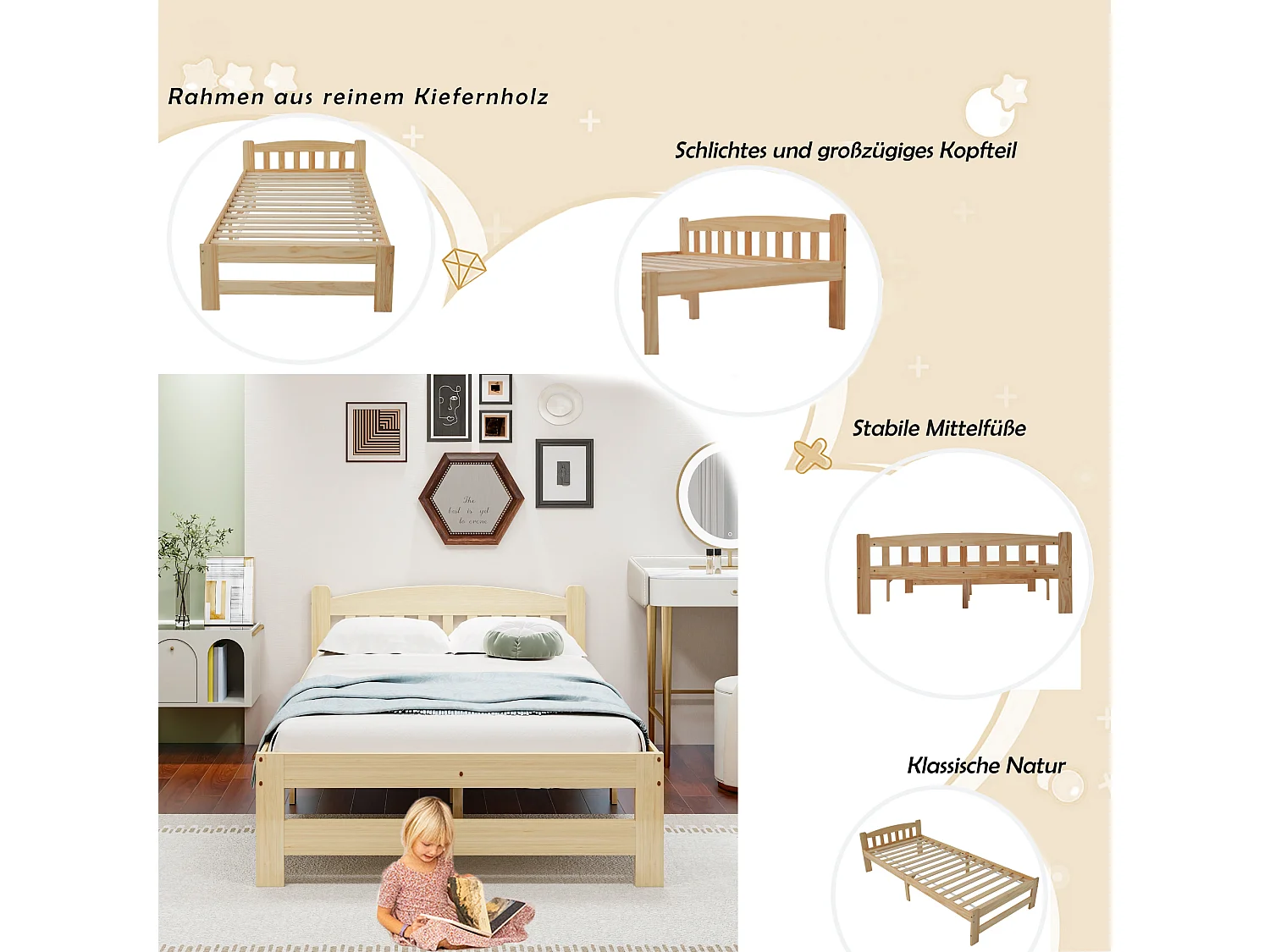 Lit Adulte 90 x 200 cm - Lit Simple Futon En Bois Massif (Pin) - 15 Lattes, Pied Central Et Socle, Sans Matelas - Design Classique - Naturel