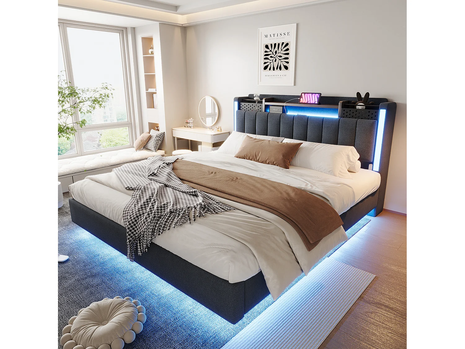 Lit Capitonné 160 x 200 cm - Lit Adulte - En Tissu Lin - Éclairage LED, Port USB - Avec Rangement Tête De Lit Et Coffre - Gris - Sans matelas