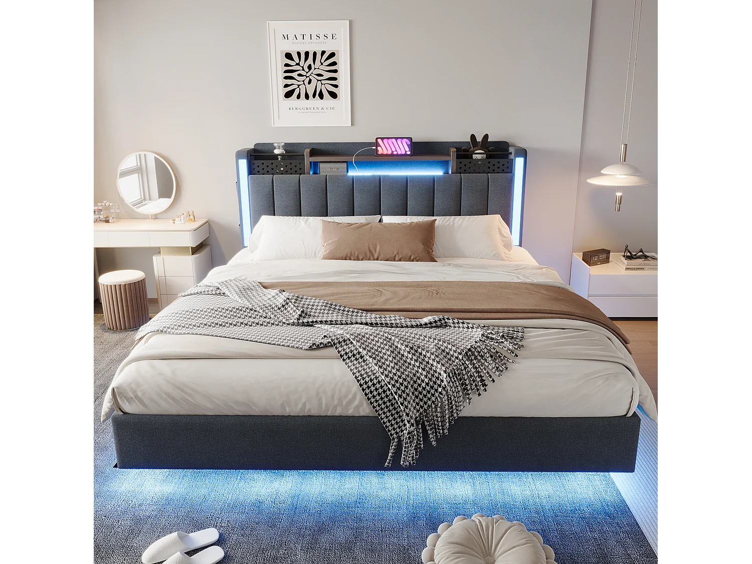 Lit Capitonné 160 x 200 cm - Lit Adulte - En Tissu Lin - Éclairage LED, Port USB - Avec Rangement Tête De Lit Et Coffre - Gris - Sans matelas
