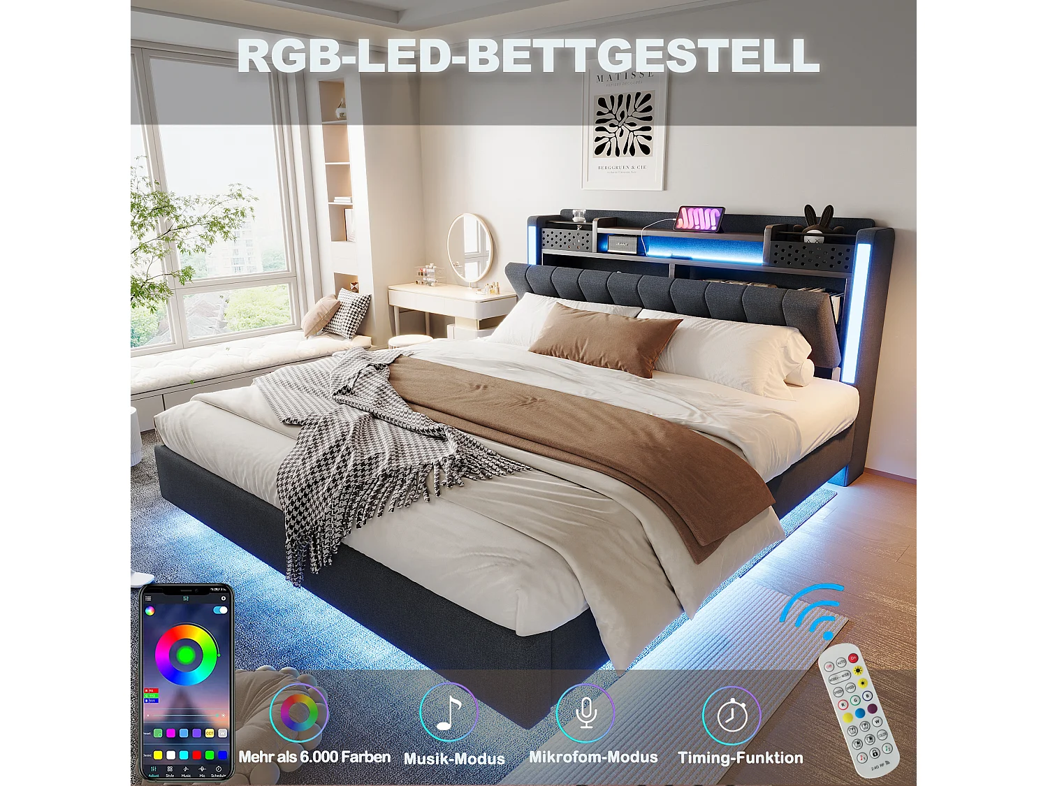 Lit Capitonné 160 x 200 cm - Lit Adulte - En Tissu Lin - Éclairage LED, Port USB - Avec Rangement Tête De Lit Et Coffre - Gris - Sans matelas
